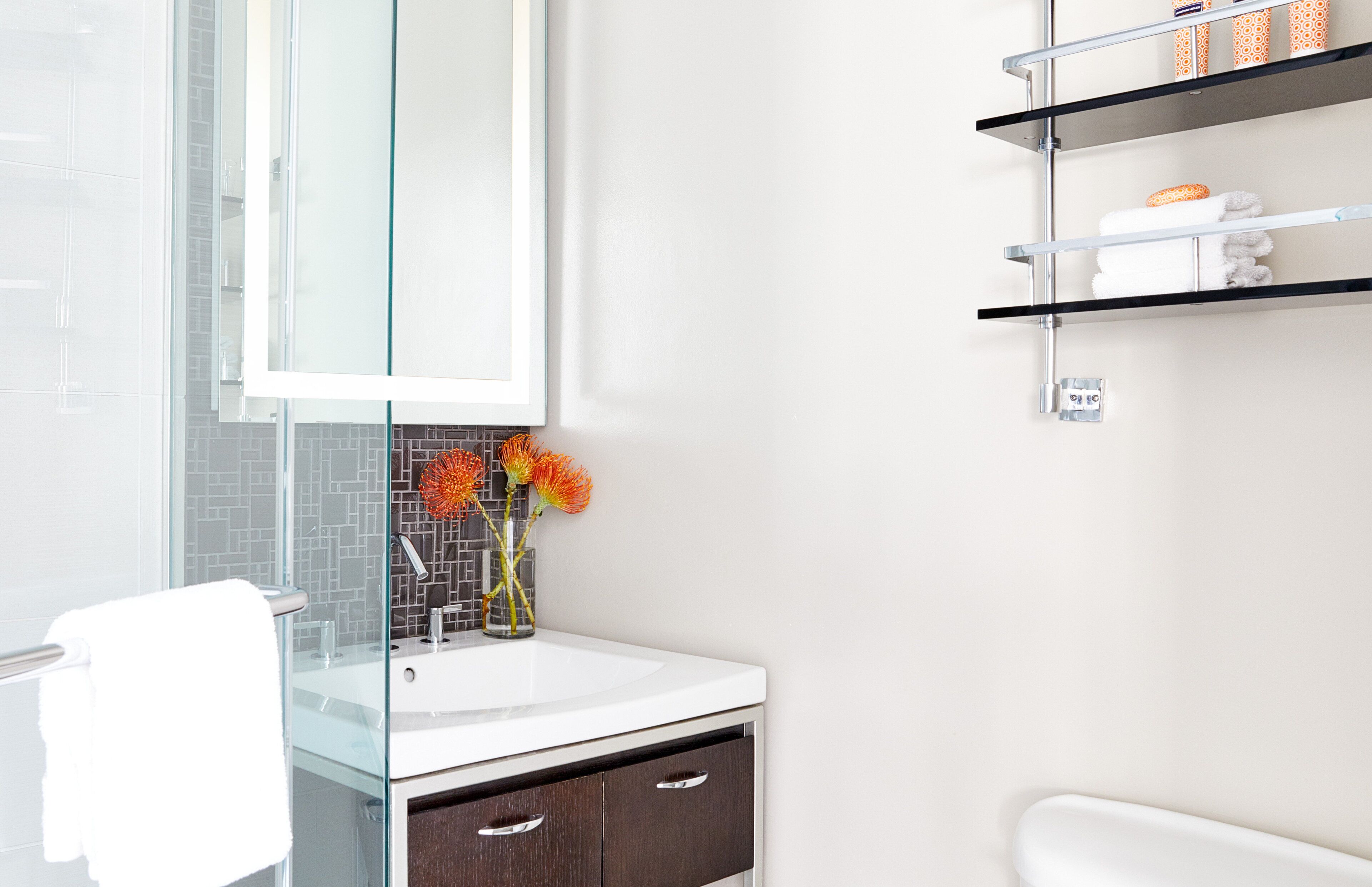 shower, designer toiletries, hair dryer, bathrobes