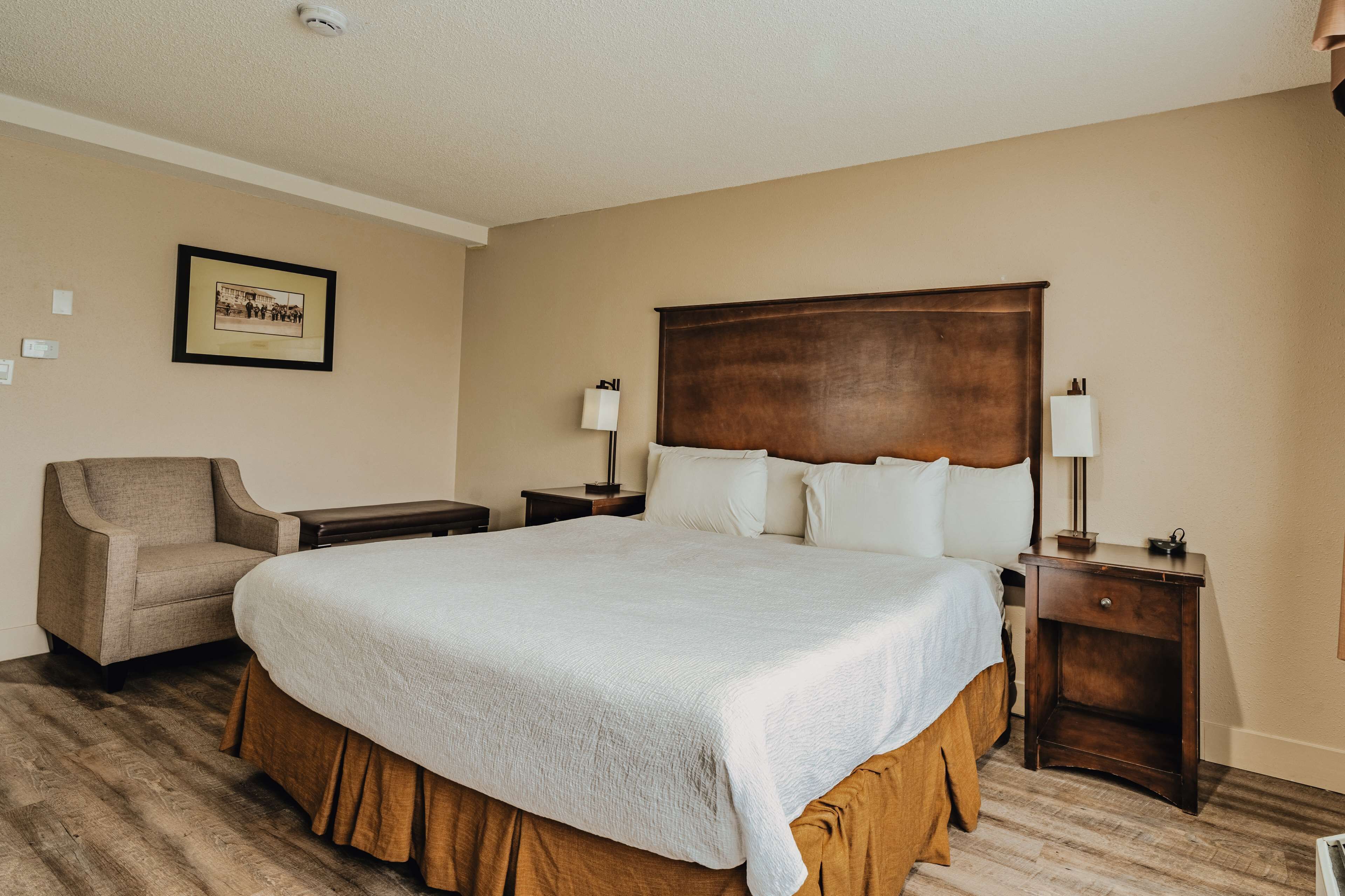 Habitación de hotel con una cama grande, una silla, dos mesitas de noche y un cuadro enmarcado en la pared.