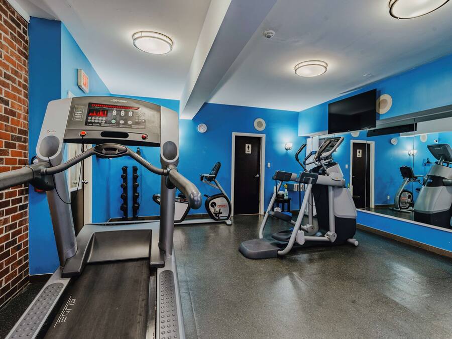 A gym with treadmills, elliptical machines, and a mirrored wall.