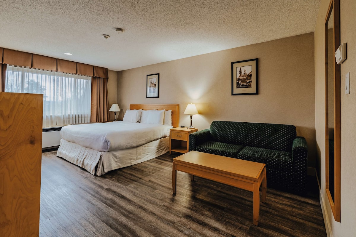 Una habitación de hotel con una cama, un sofá verde, una mesa de madera y dos lámparas de noche.