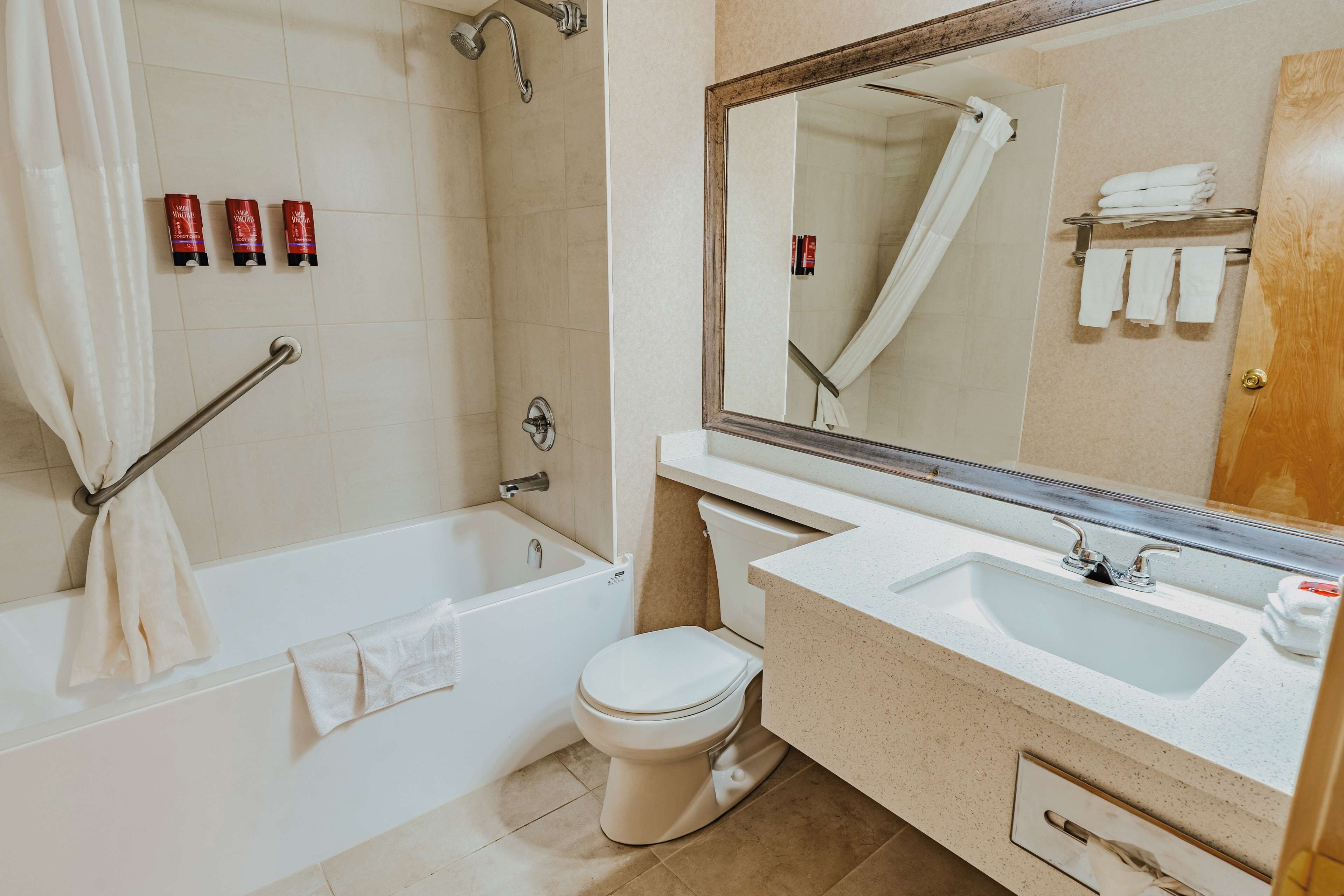 A bathroom with a bathtub, toilet, sink, and a large mirror.