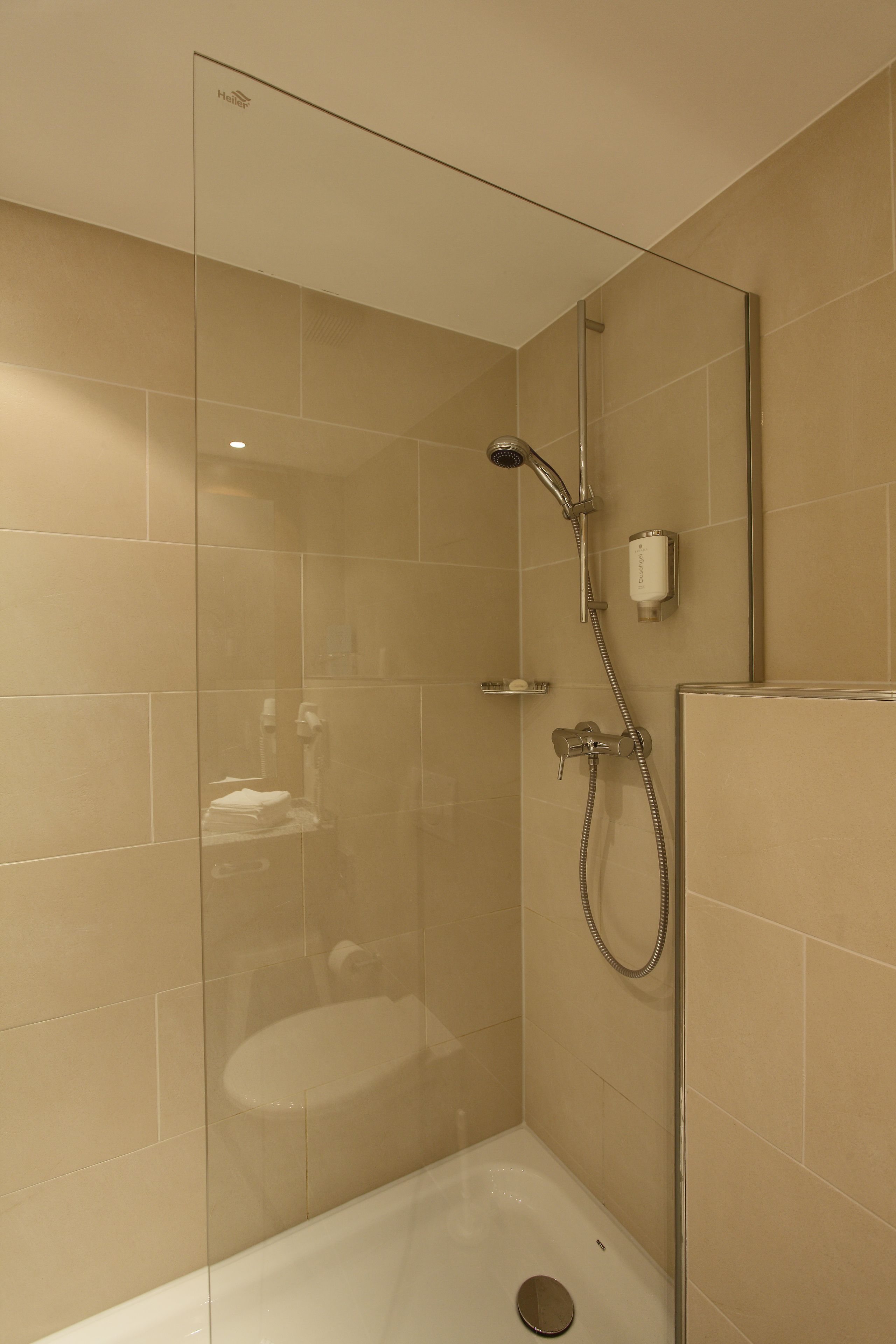 A modern shower enclosure with a glass door, a handheld showerhead, and a wall-mounted control panel.