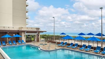 Outdoor pool, open 8 AM to 10 PM, pool umbrellas, sun loungers