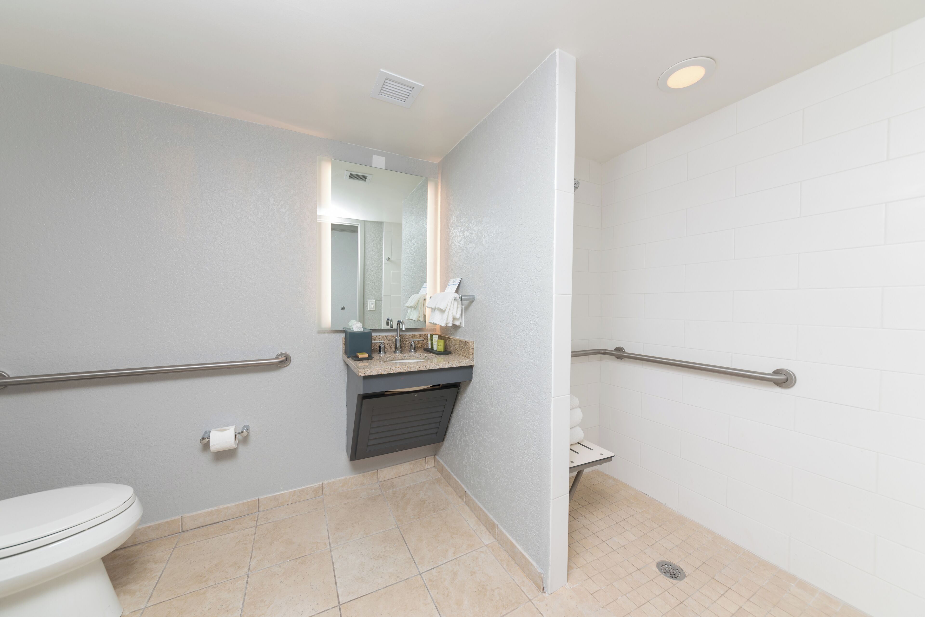 A modern bathroom with a toilet, sink, and shower area. It includes grab bars for accessibility.