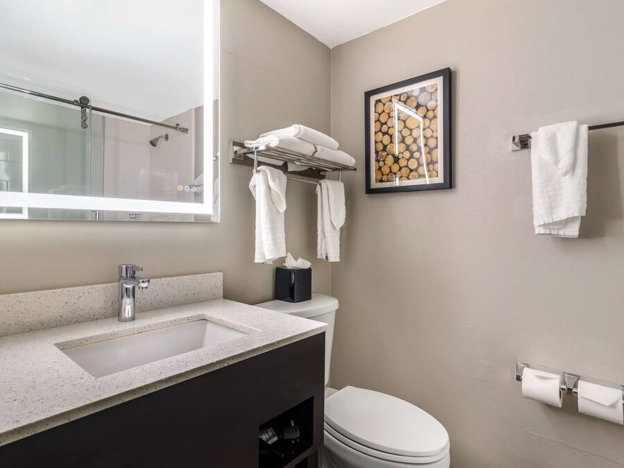 A modern bathroom with a large mirror, a sink, a toilet, and a towel rack.