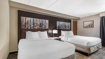 Premium bedding, desk, laptop workspace, iron/ironing board