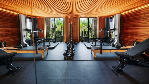 A gym with mirrored walls, exercise equipment, and a view of greenery outside. - Petit Ermitage (West Hollywood)