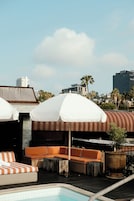 Outdoor pool, pool umbrellas, pool loungers