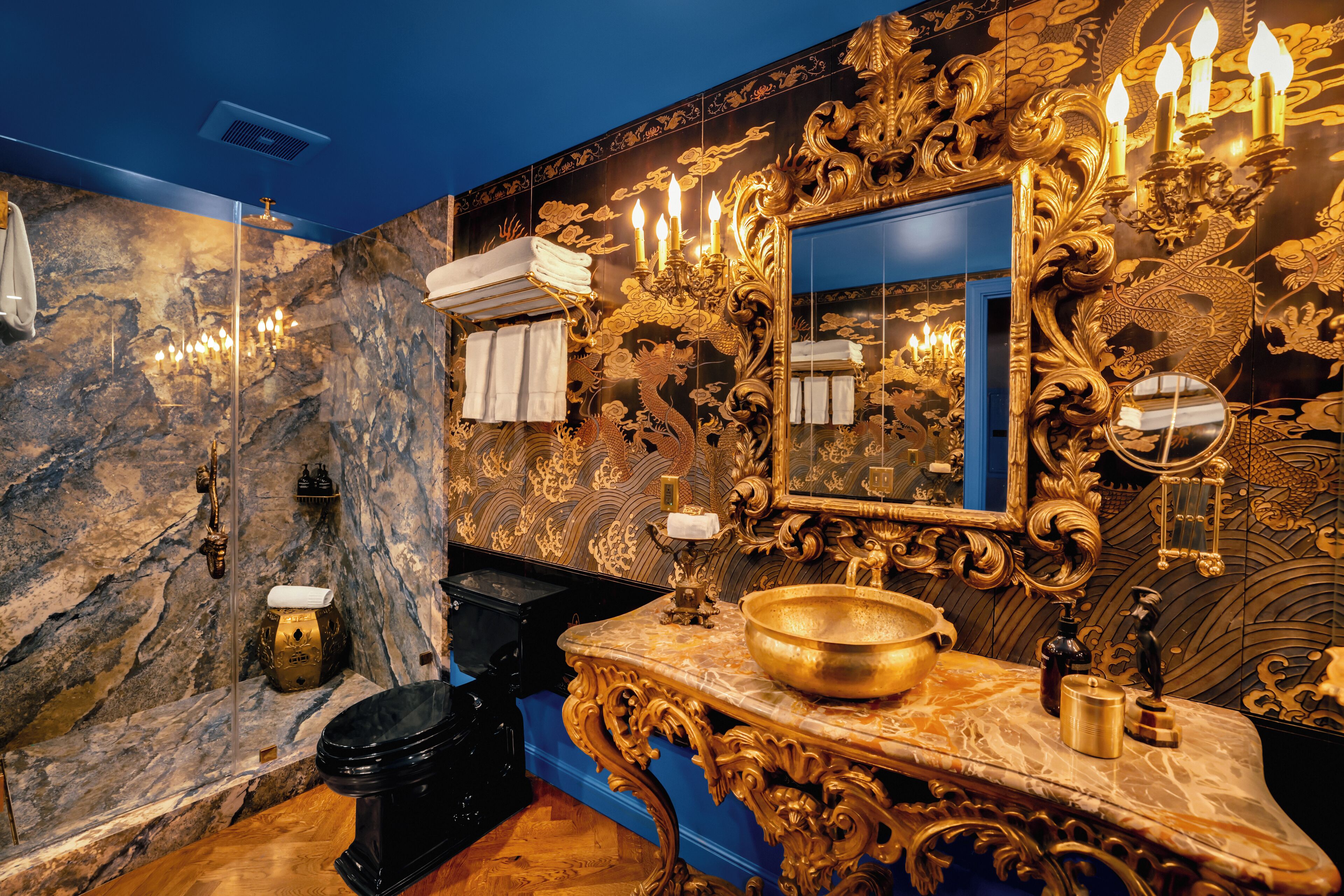 grand belle bleue | bathroom | shower, rainfall showerhead, designer toiletries, hair dryer