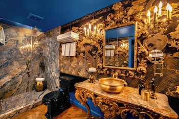 Grand Belle Bleue | Bathroom | Shower, rainfall showerhead, designer toiletries, hair dryer at Petit Ermitage