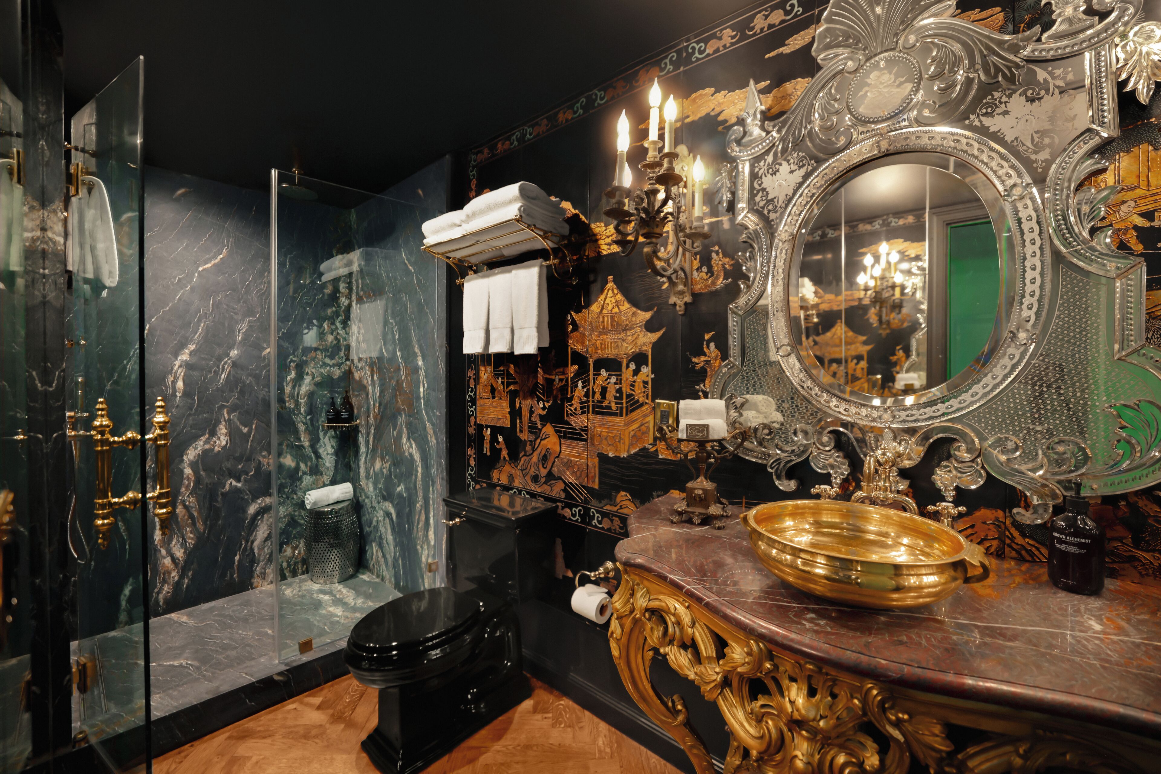 grand belle verte | bathroom | shower, rainfall showerhead, designer toiletries, hair dryer