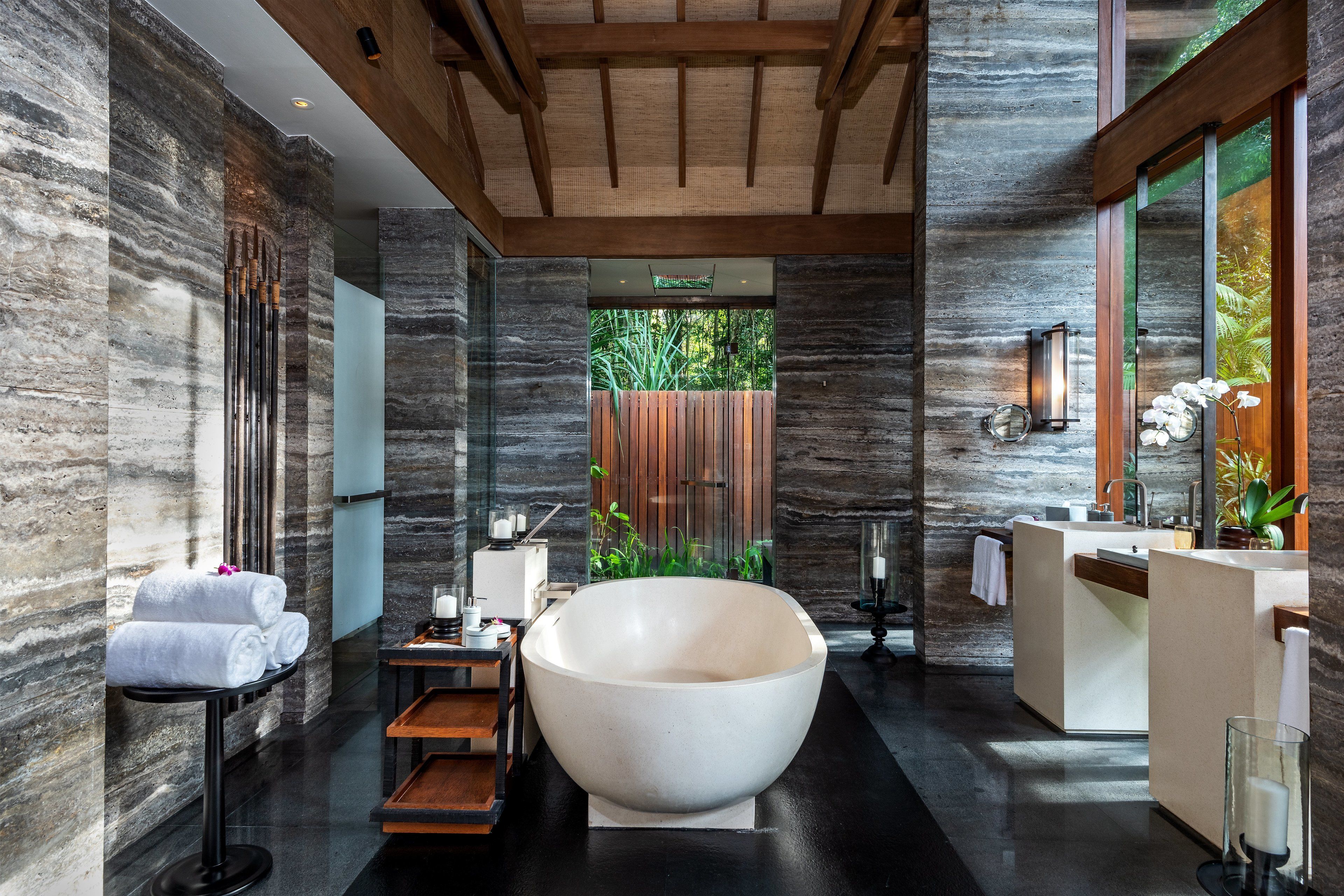 separate bathtub and shower, deep-soaking bathtub, rainfall showerhead