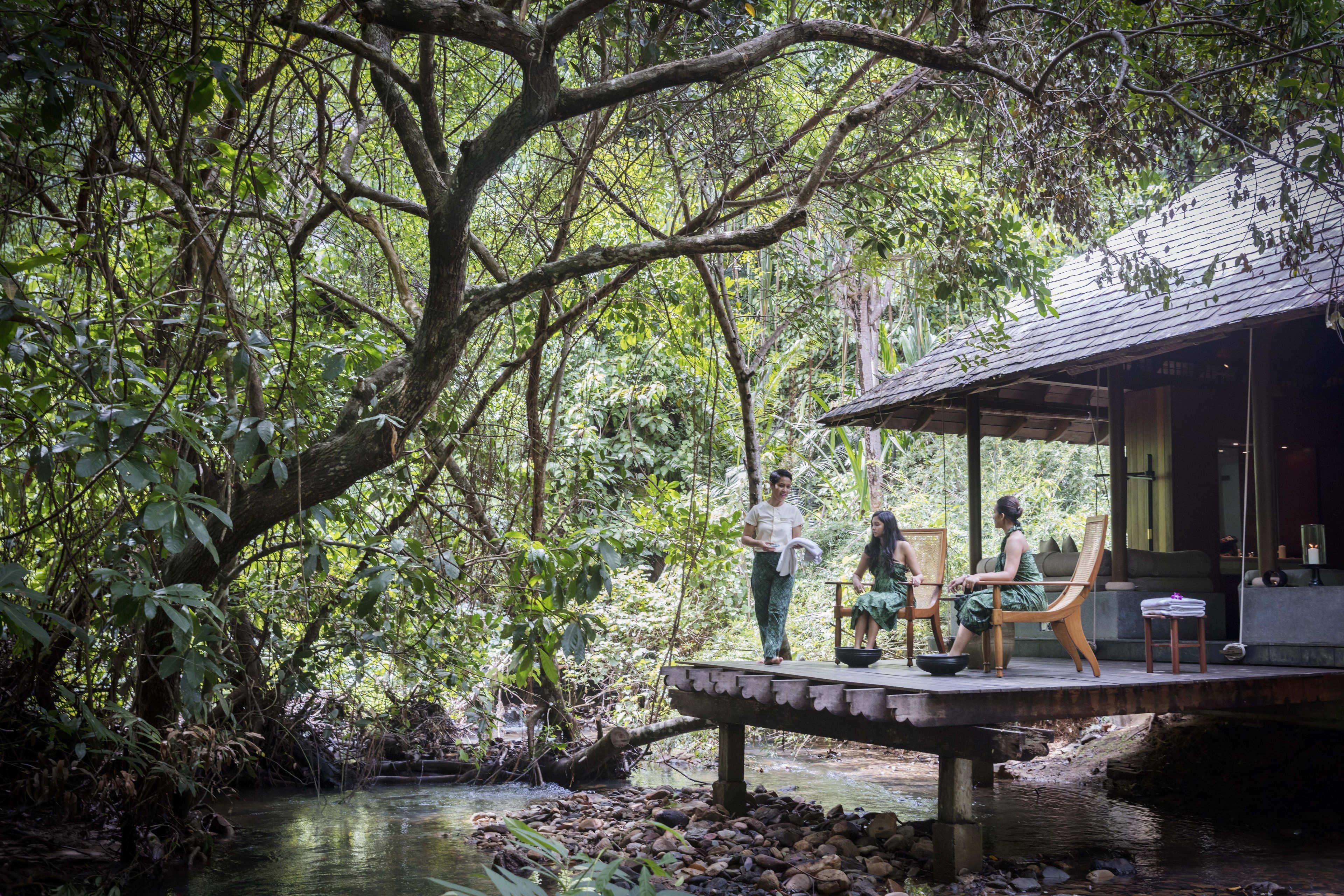A wooden deck over a stream with two people seated and one standing, surrounded by dense forest.