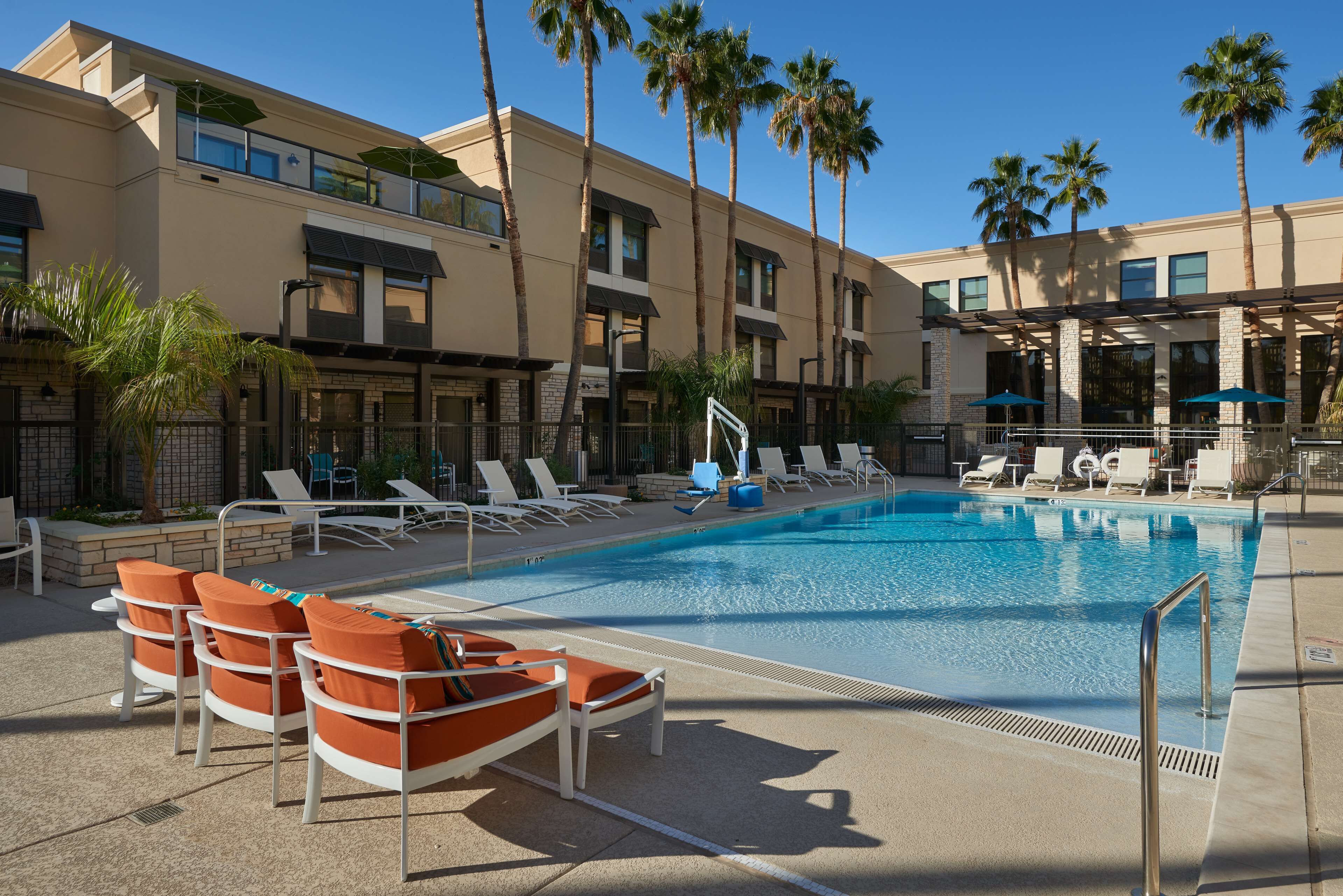 Ett poolområde vid hotellet med solstolar, palmer och ett kristallklart, blått pool.