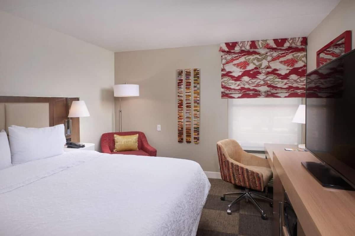 A hotel room with a large bed, a desk with a television, a red armchair, a lamp, and a wall with a patterned artwork.