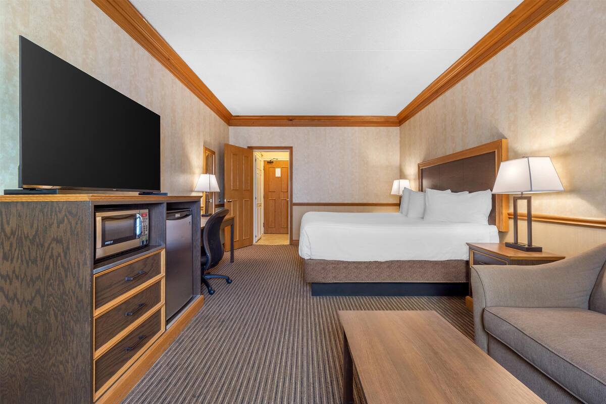 A hotel room with a bed, a desk with a computer, a television, and a sofa.