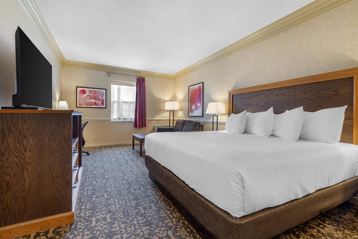 A hotel room with a large bed, a desk with a computer, a TV, and two lamps.