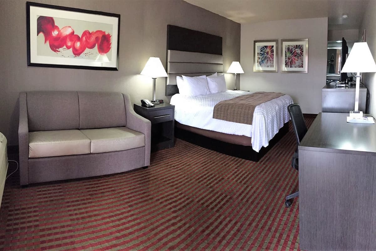 premium bedding, desk, blackout curtains, iron/ironing board