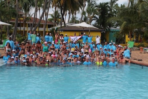 Outdoor pool, pool umbrellas, pool loungers