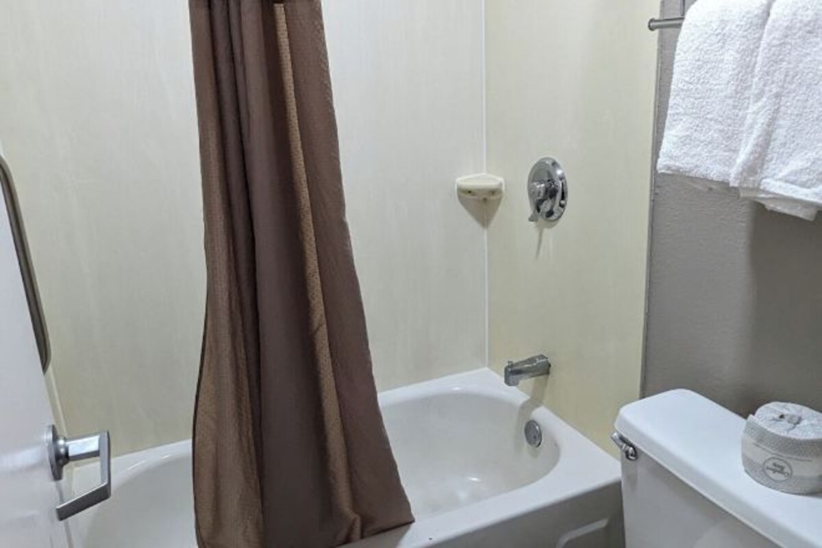 Une salle de bain avec une baignoire, des toilettes et un porte-serviettes.