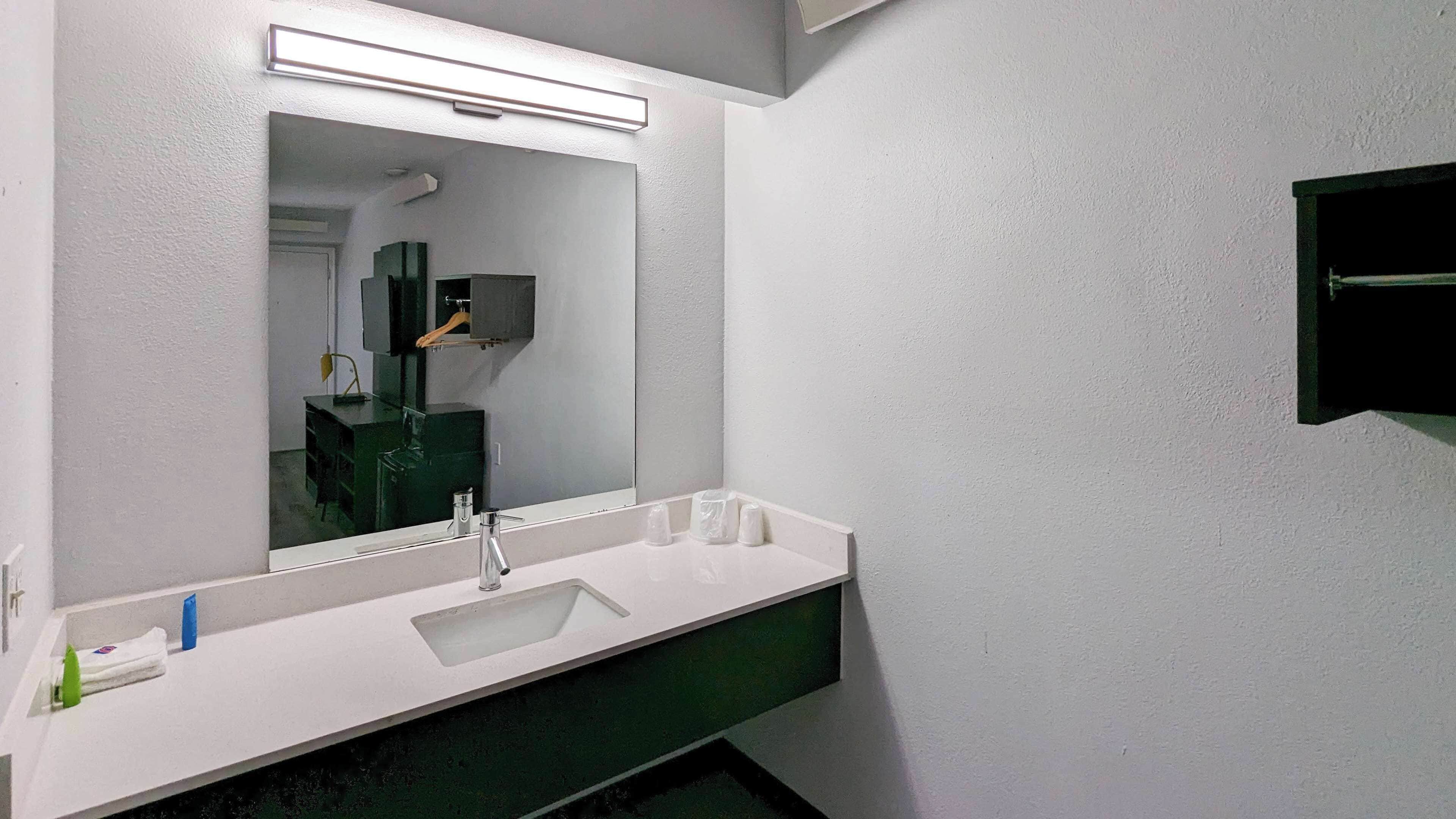 A bathroom with a white sink, a large mirror, and a green countertop.