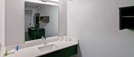 A bathroom with a white sink, a large mirror, and a green countertop.