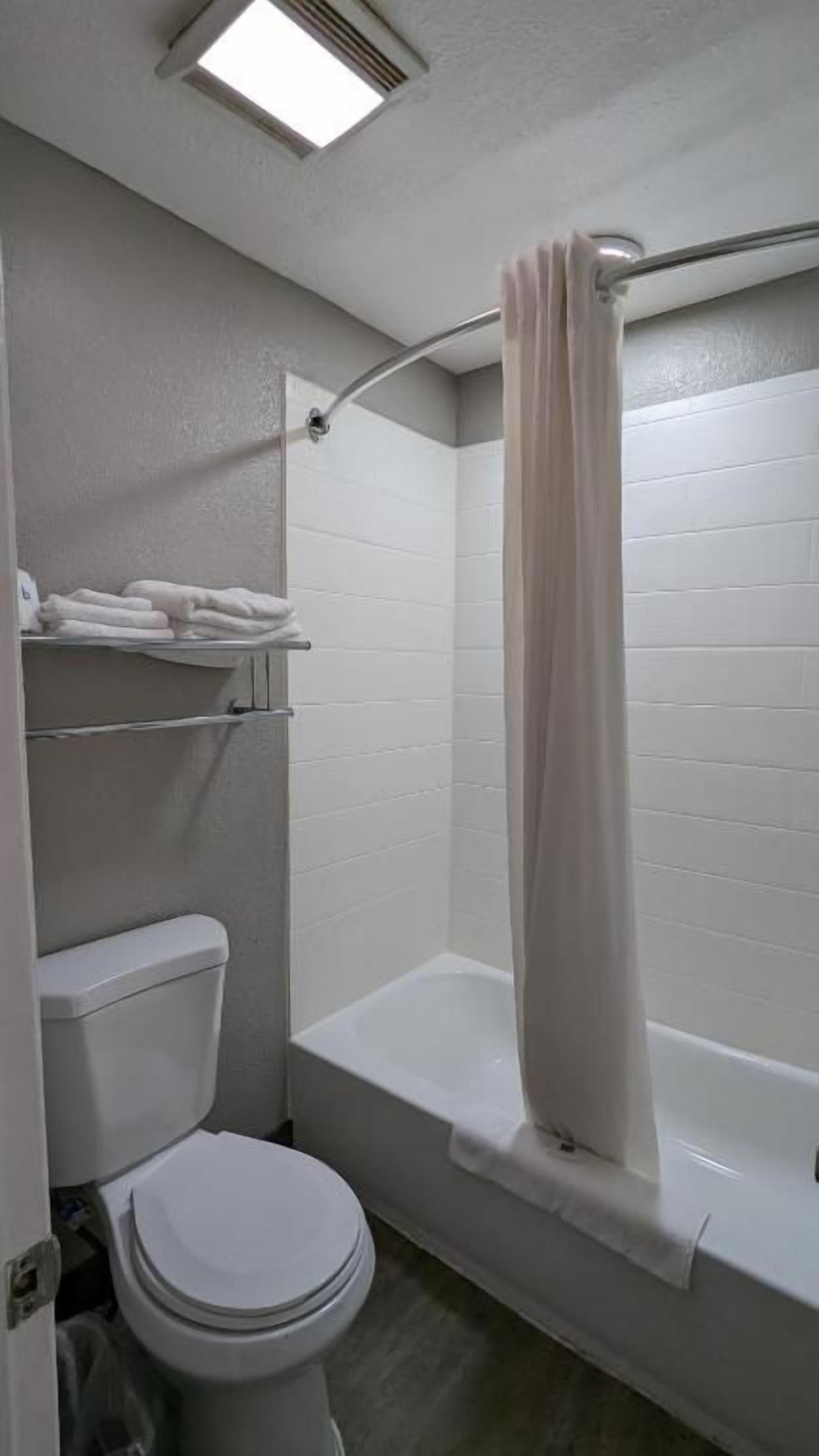 A bathroom with a toilet, a bathtub, and a shower curtain.