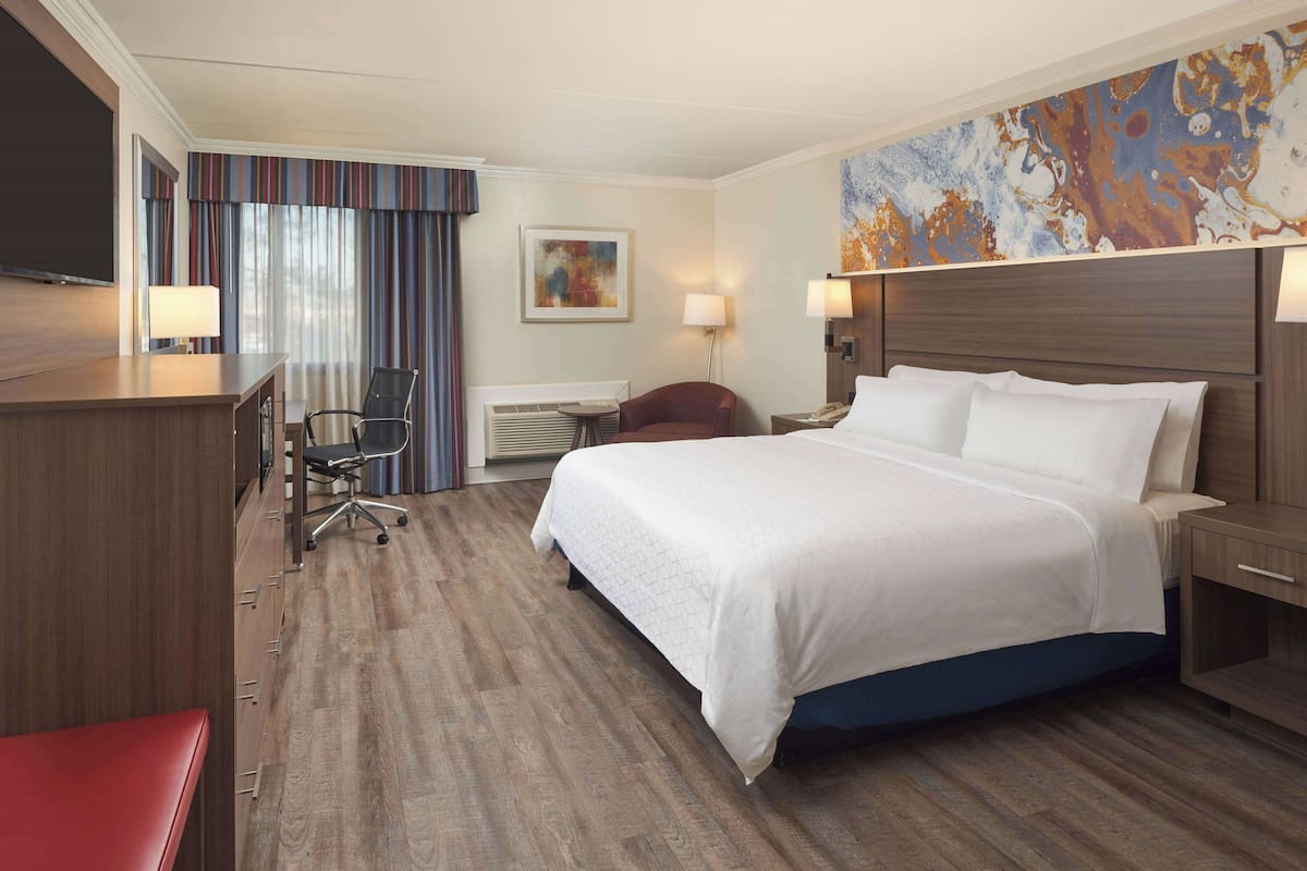 Habitación de hotel con una cama grande, un escritorio con silla, un televisor y un cuadro en la pared.