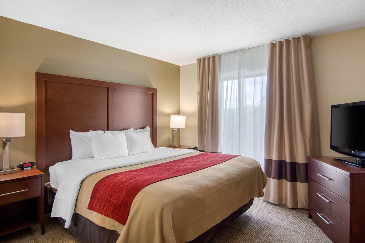 A hotel room with a large bed, a television, a desk with a lamp, and a window with curtains.