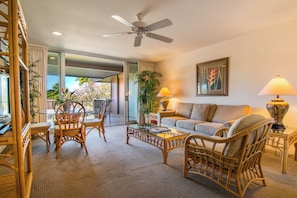 Condo, 1 Bedroom, Partial Ocean View | Living area | 32-inch LCD TV with cable channels, DVD player