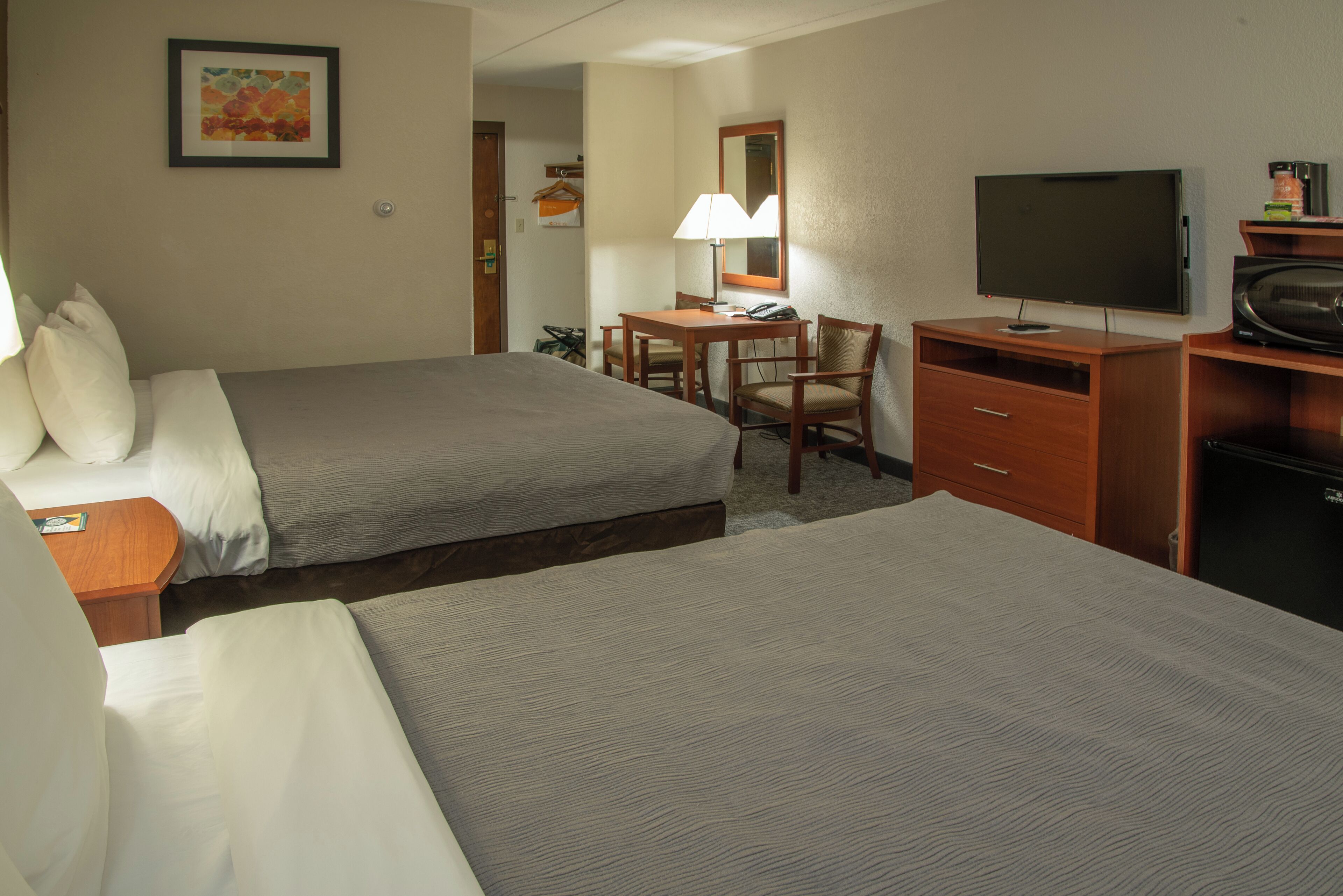 down duvets, desk, blackout curtains, iron/ironing board