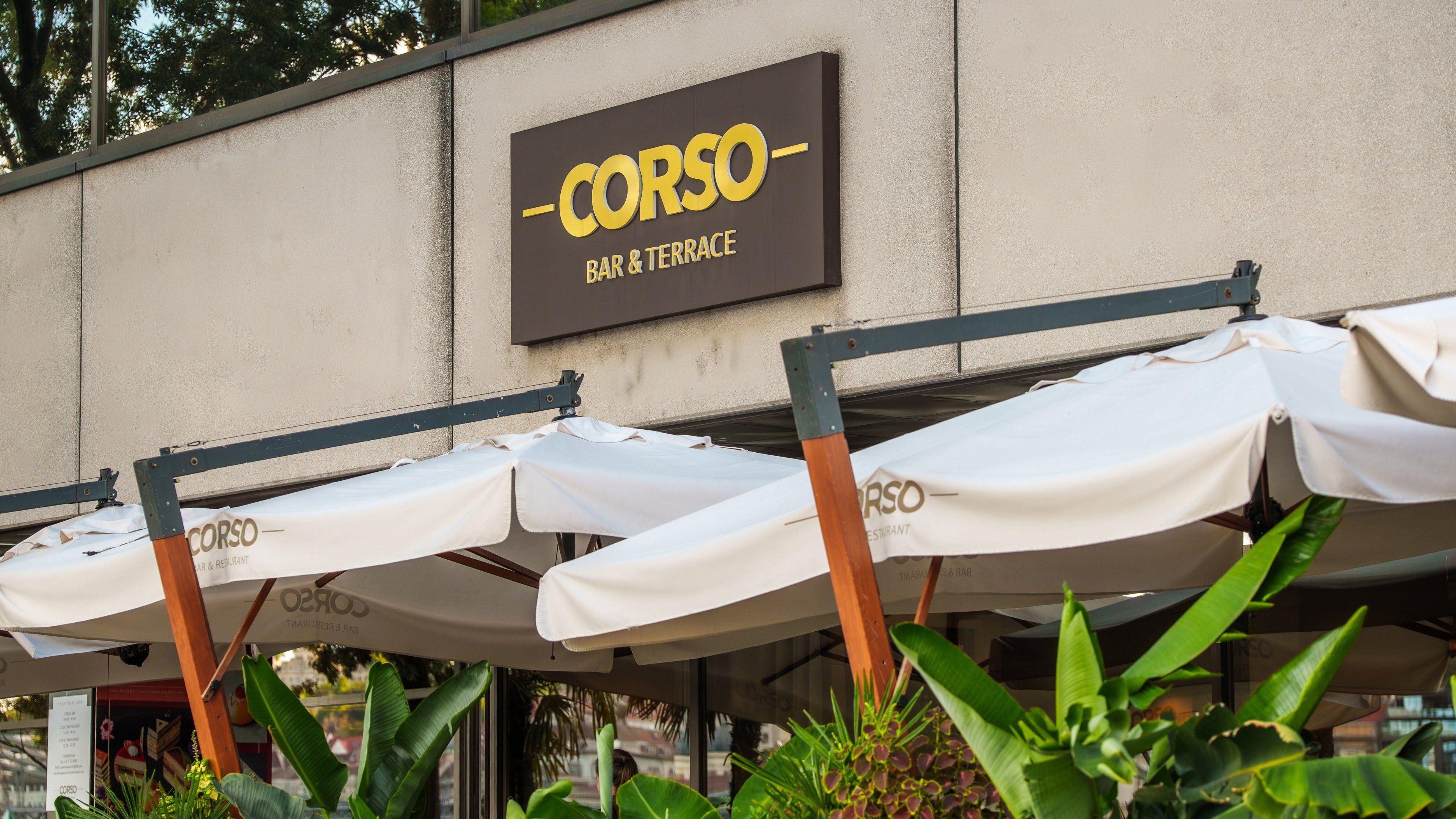 A bar and terrace named 'CORSO' with outdoor umbrellas and potted plants.