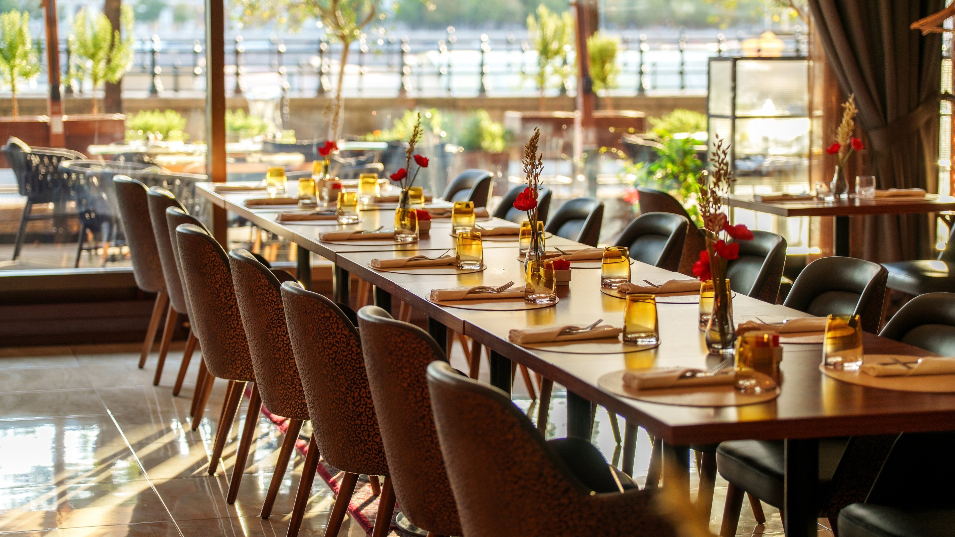 A restaurant with a long table set for dining, chairs, and a view through large windows.