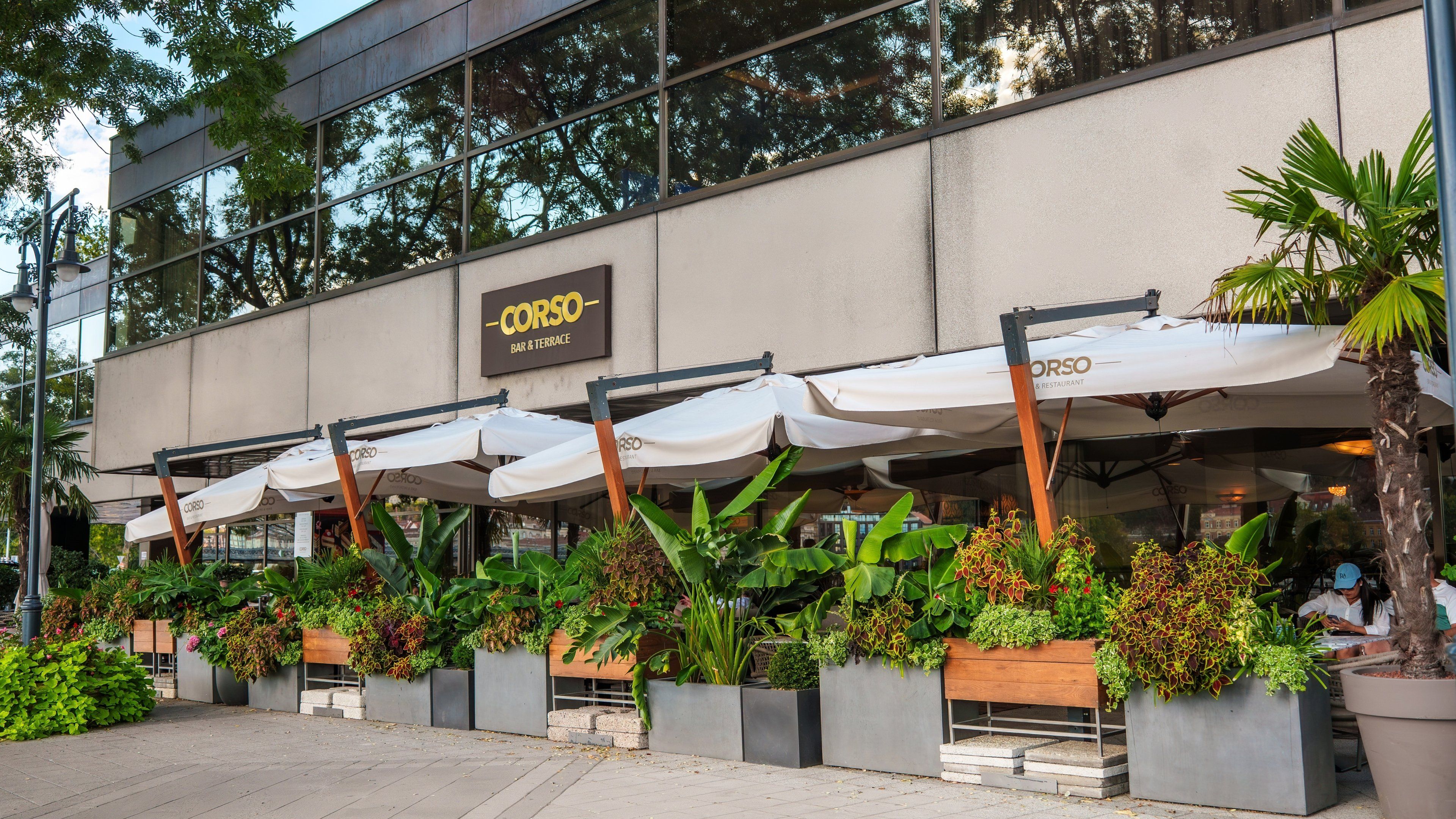 A building with outdoor seating under umbrellas, a sign reading 'CORSO BAR & TERRACE', and planters with various plants.