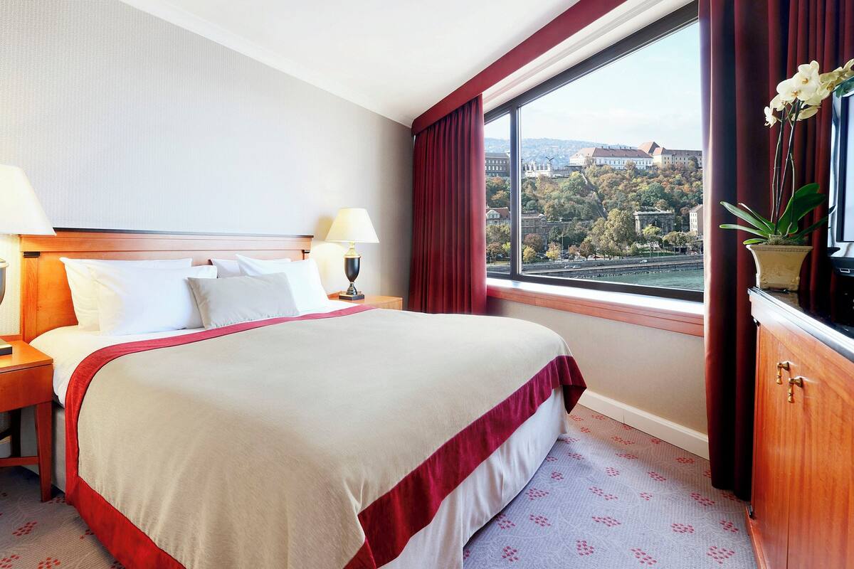A hotel room with a large bed, two bedside tables with lamps, a window with a view of buildings, and a potted plant on the windowsill.