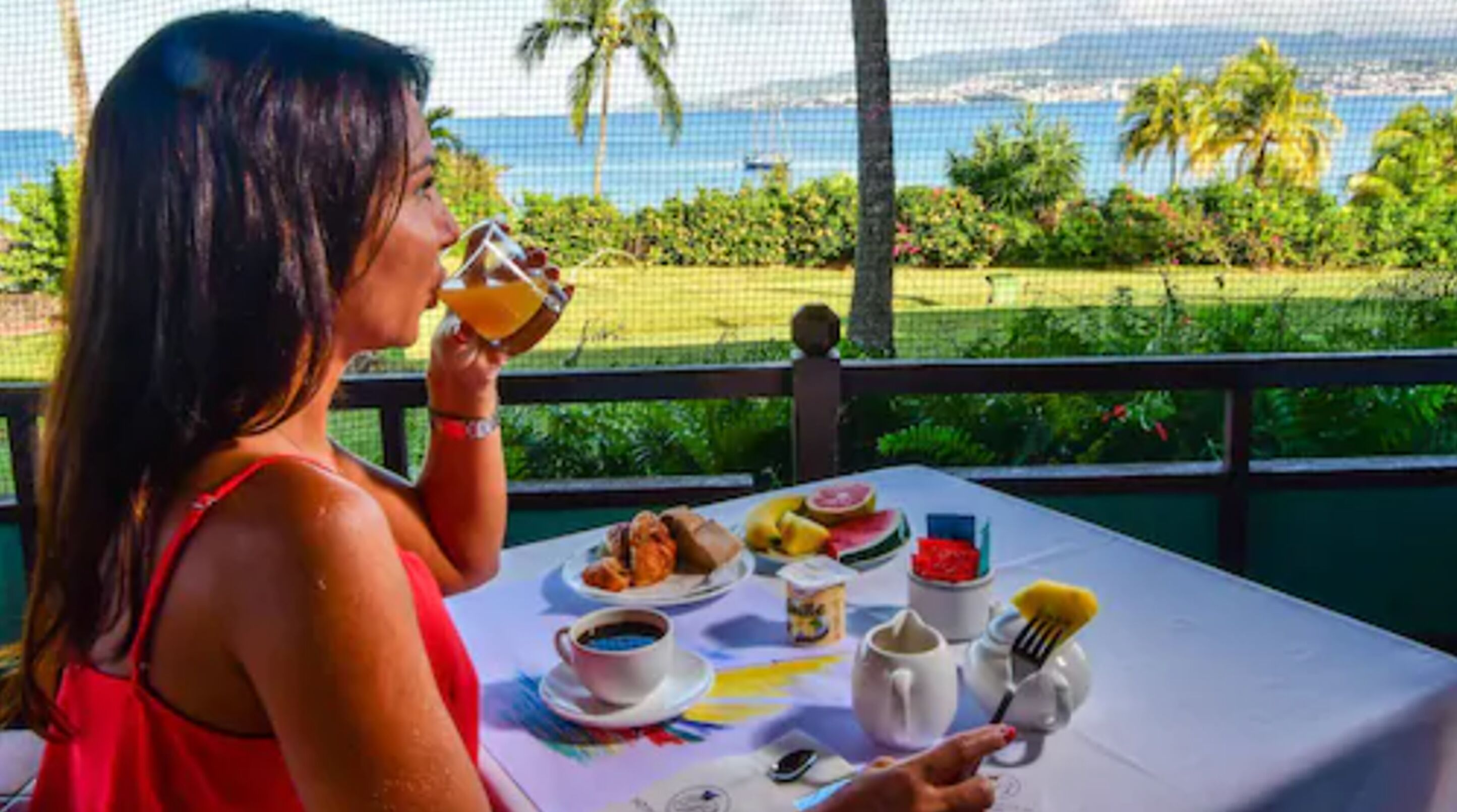 A person sitting at a table with a view of the ocean and palm trees.
