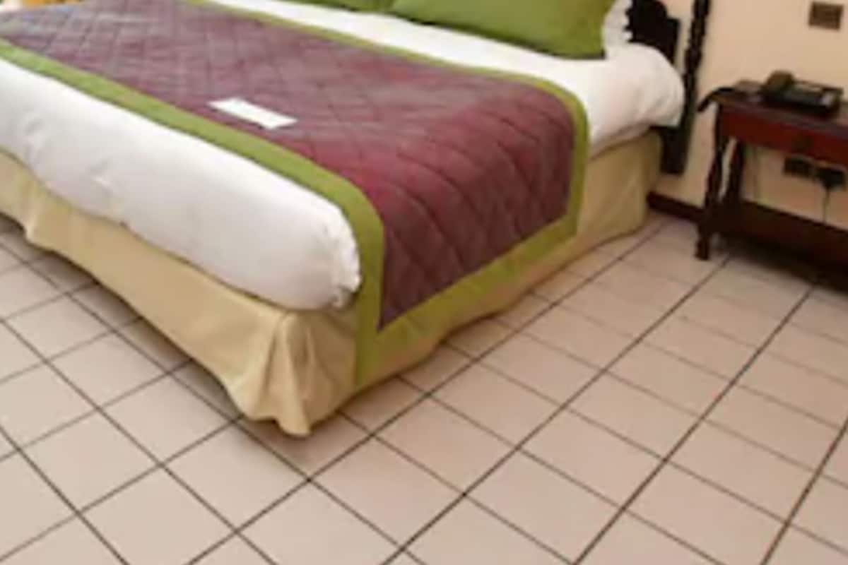 Una cama con ropa de cama verde y blanca, una mesita de noche con una lámpara y una ventana con cortinas.