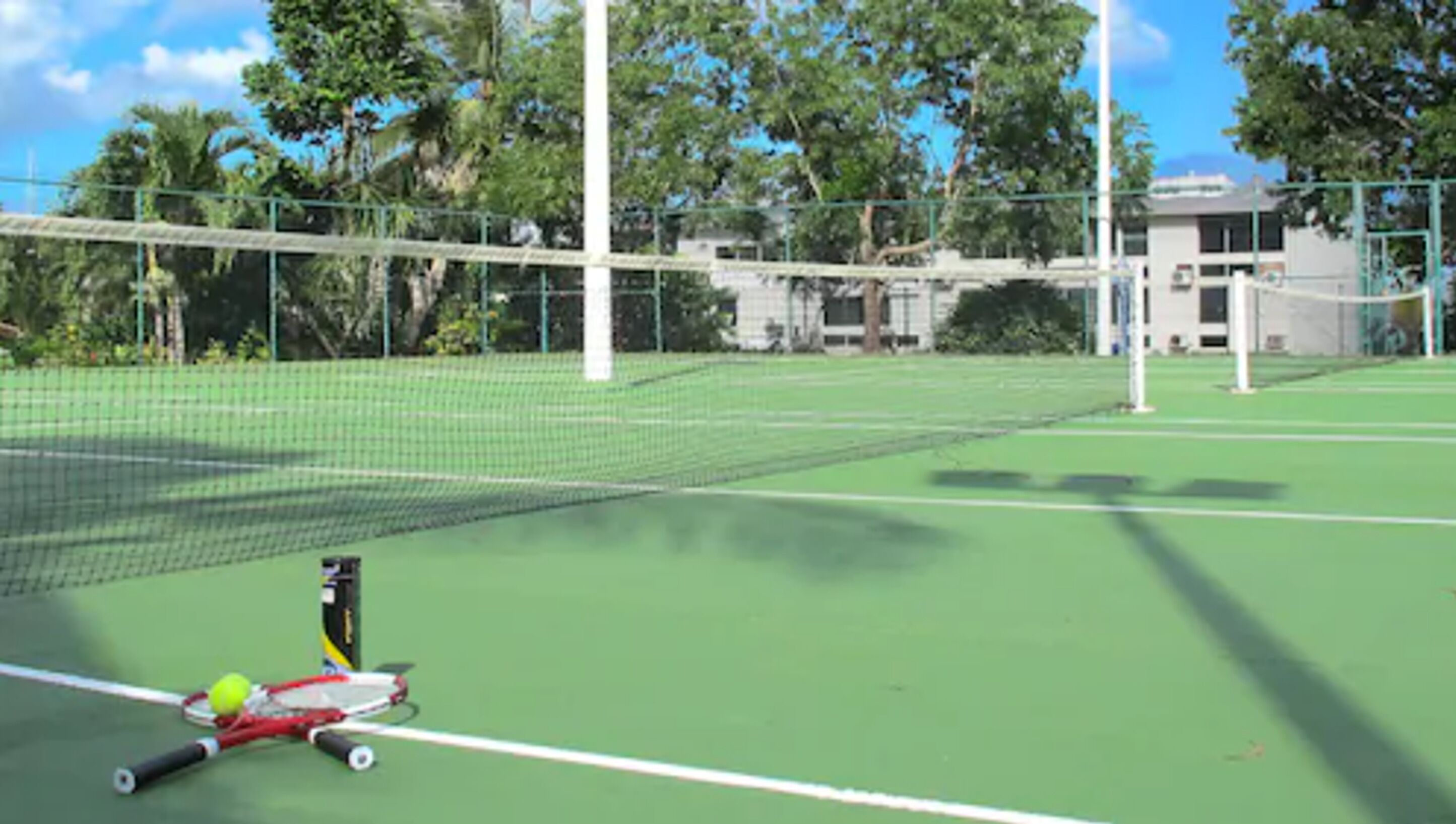 Una cancha de tenis con red, una pelota de tenis y una raqueta.