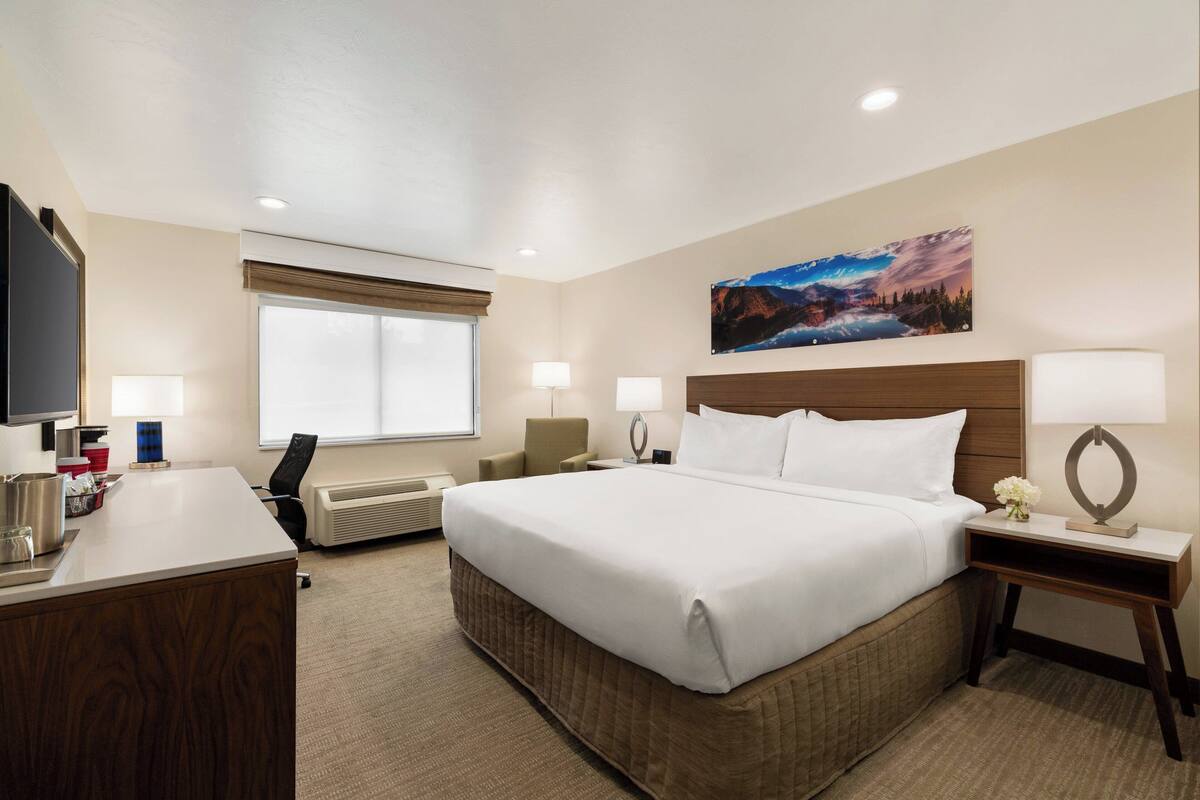 Quarto de hotel com uma cama grande, uma escrivaninha com computador, televisão e um quadro na parede.