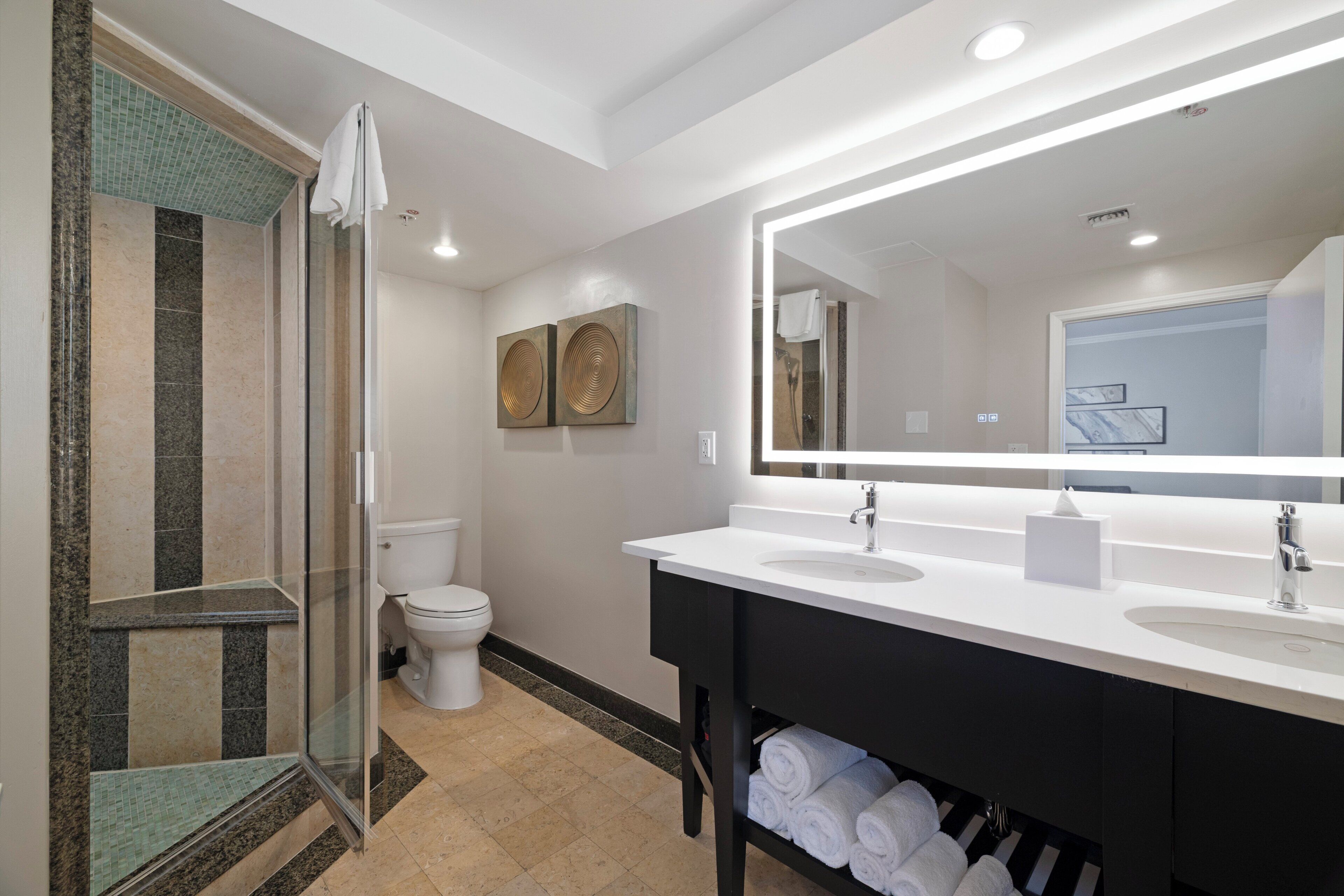 A modern bathroom with a glass shower enclosure, a white toilet, and a vanity with a large mirror.