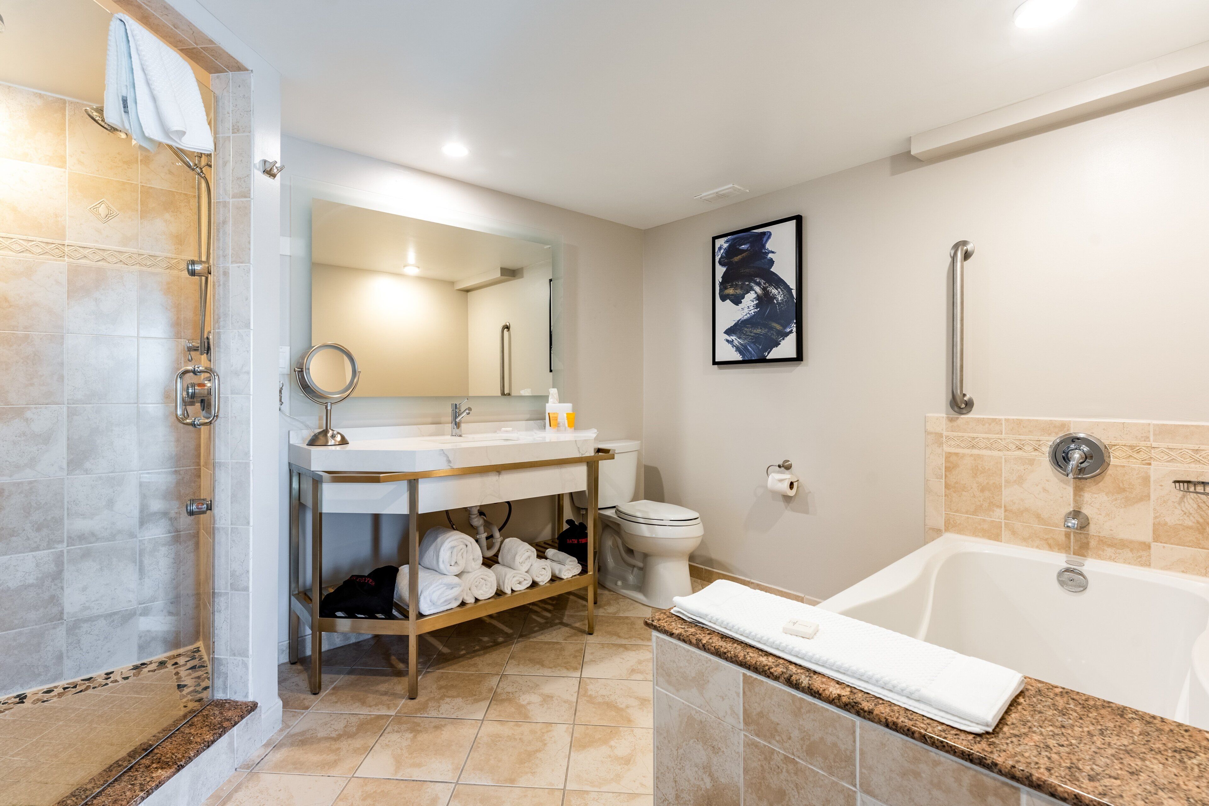 Un baño moderno con ducha, inodoro y bañera.