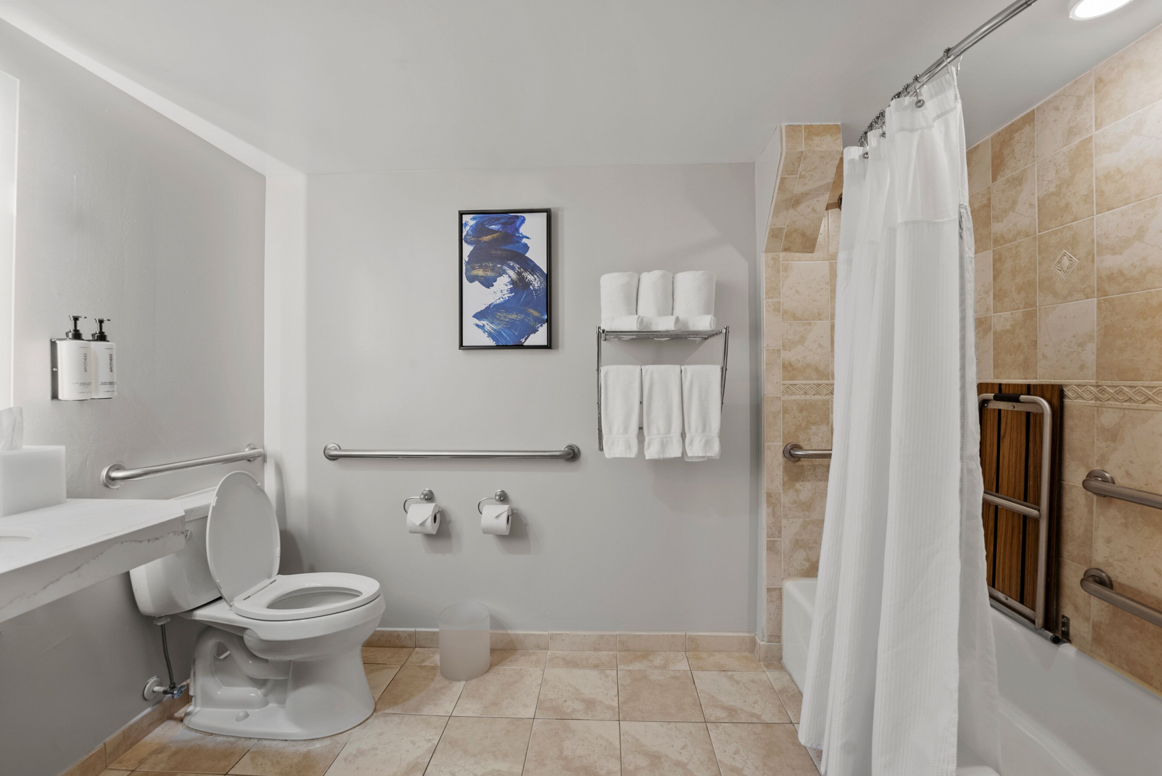 Un baño moderno con inodoro, barras de apoyo, ducha con cortina y toallero.