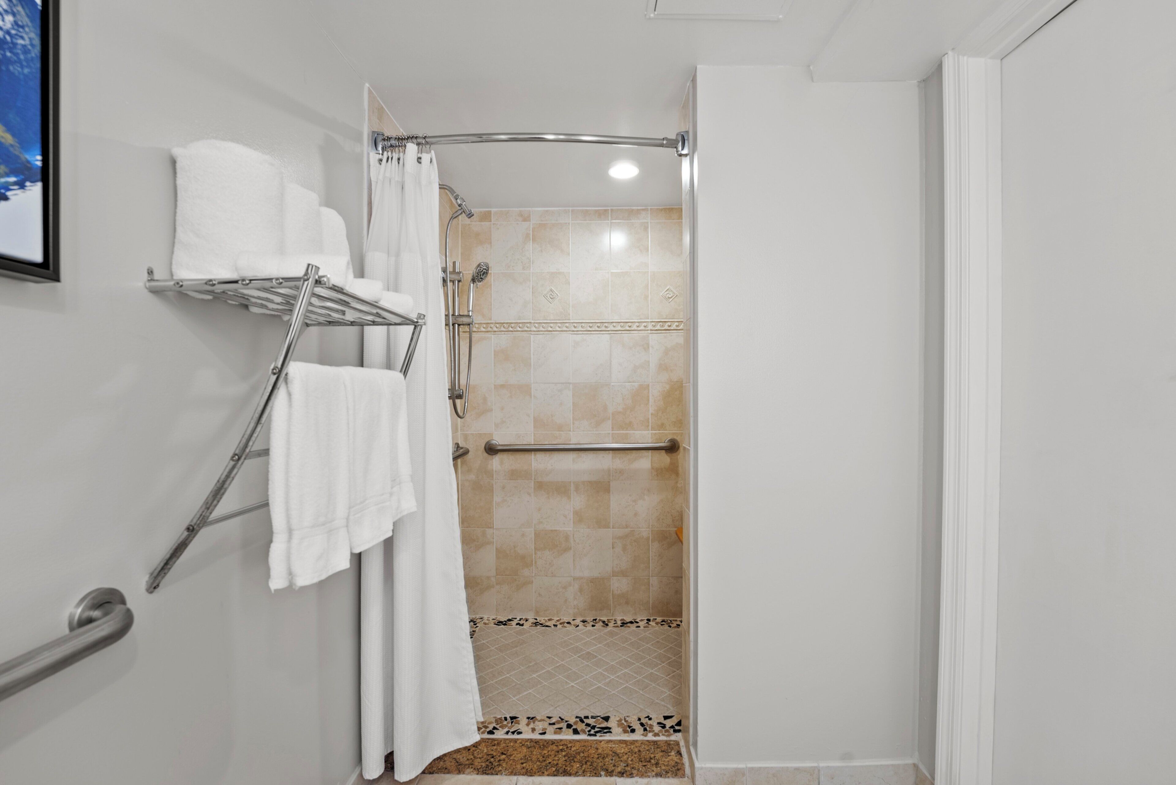 Bagno con doccia, porta asciugamani e mancorrente.