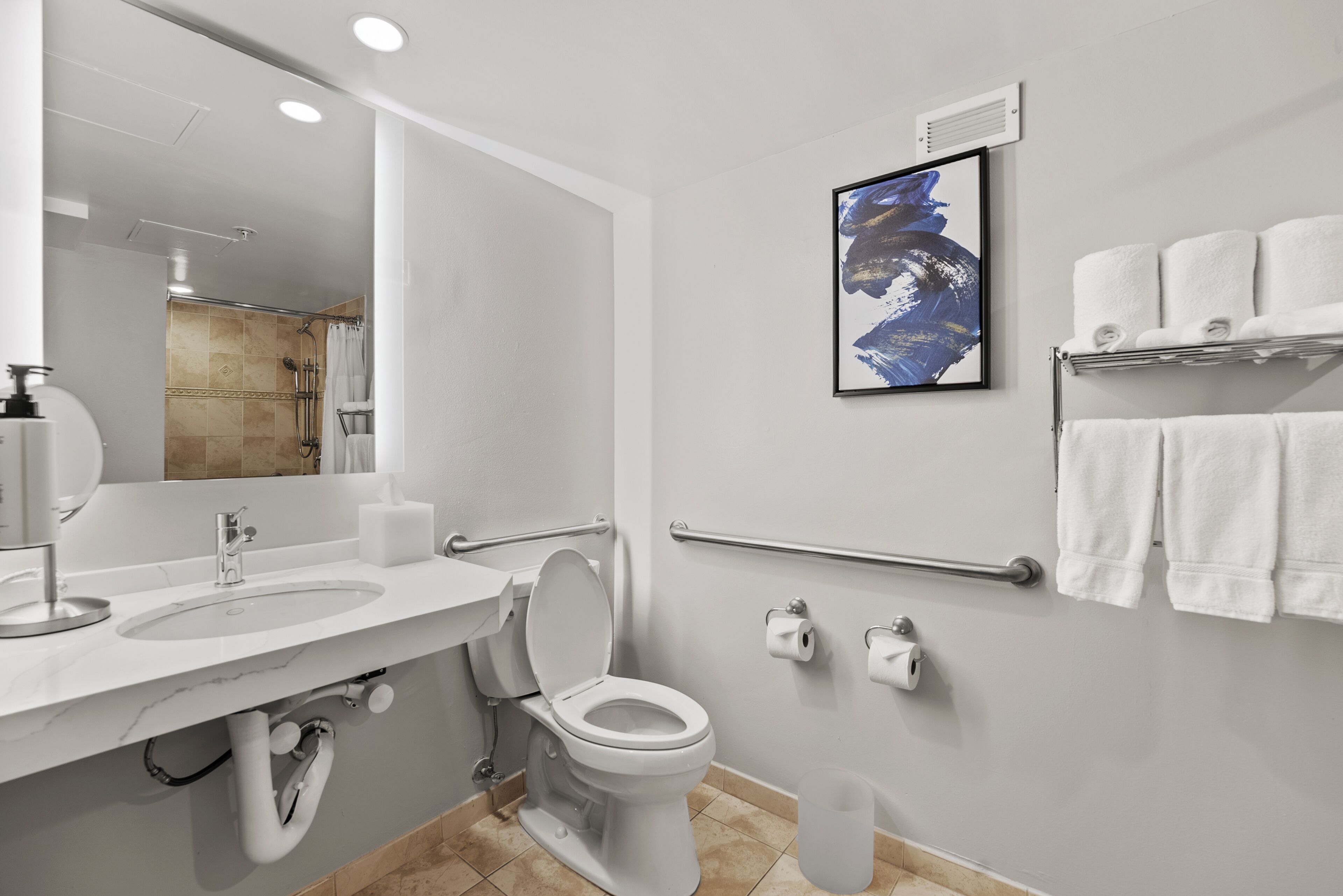 Une salle de bain moderne équipée d’un lavabo, de toilettes et de barres d’appui.