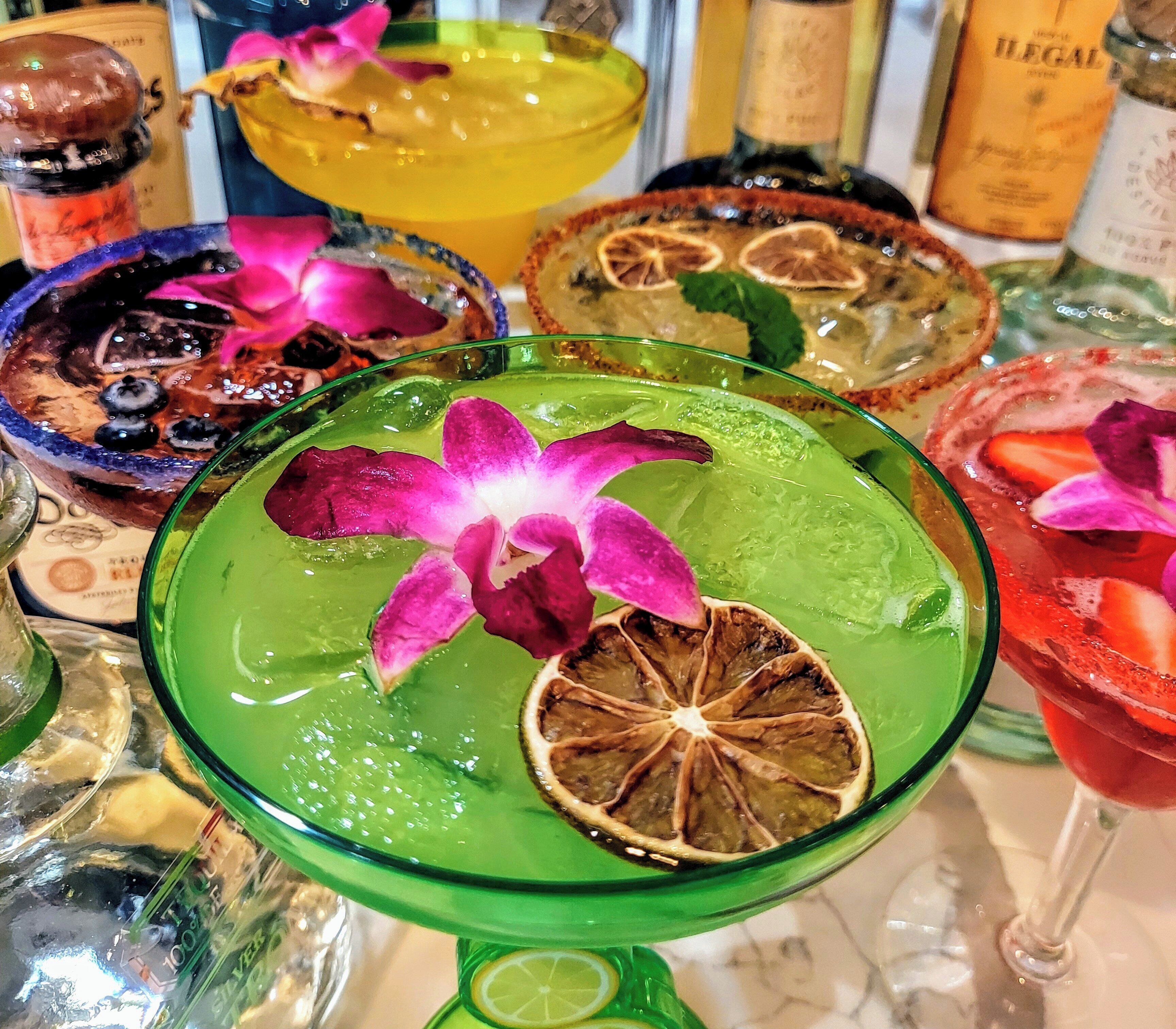 Verschiedene farbenfrohe Cocktails mit Garnituren, darunter ein grünes Getränk mit einer violetten Blume und einem Stück Trockenobst.