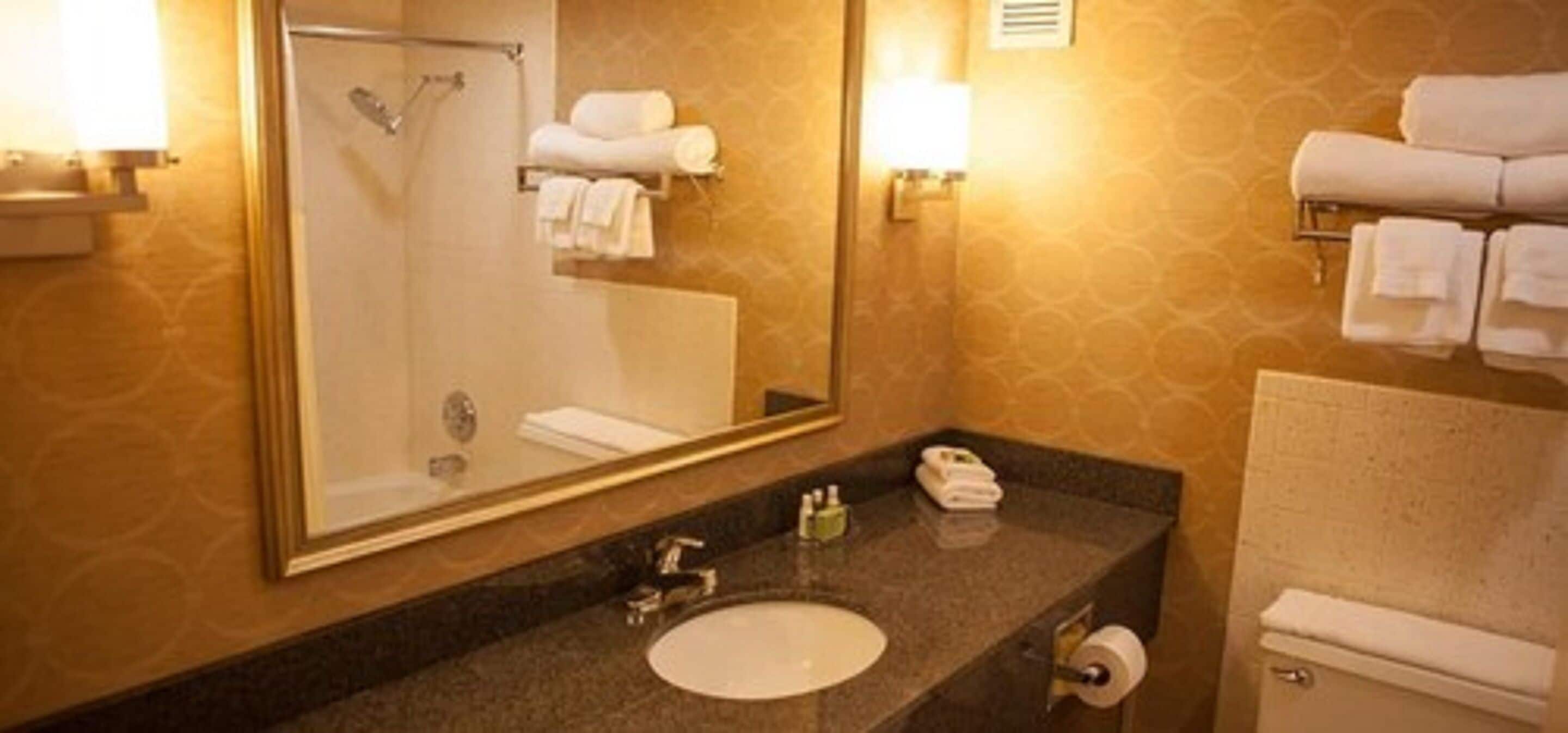 Ett hotellbadrum med handfat, spegel, handdukshängare och toalett.