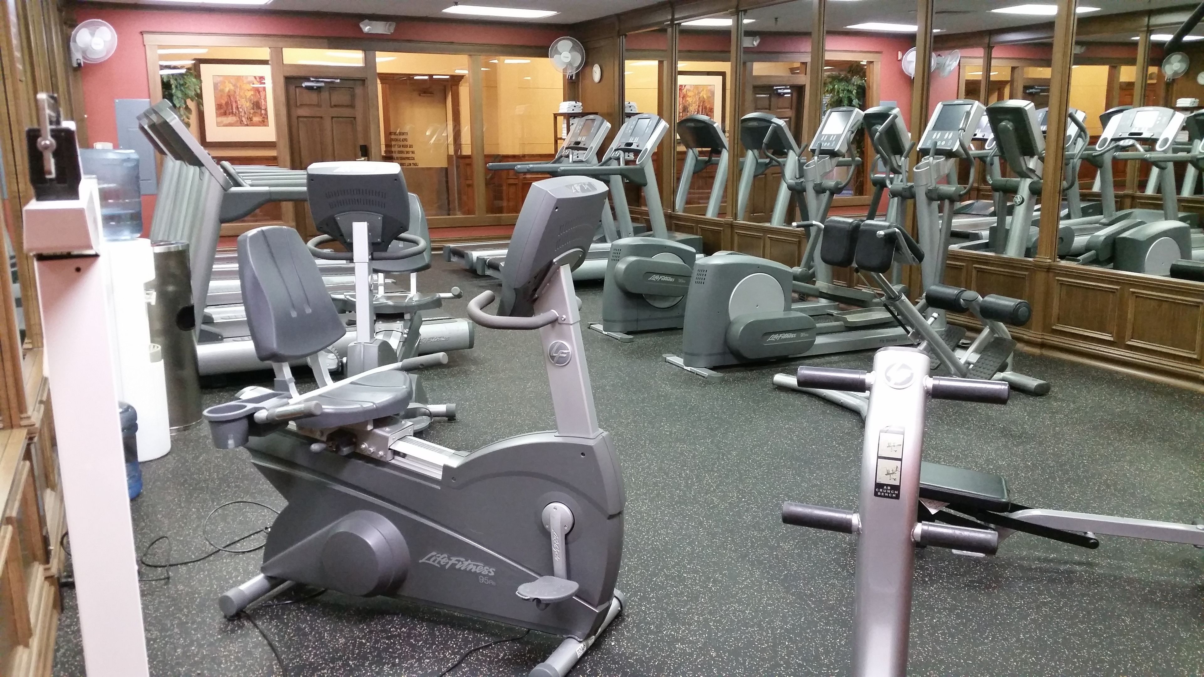 A gym with various exercise machines, including treadmills and elliptical trainers, arranged in rows.