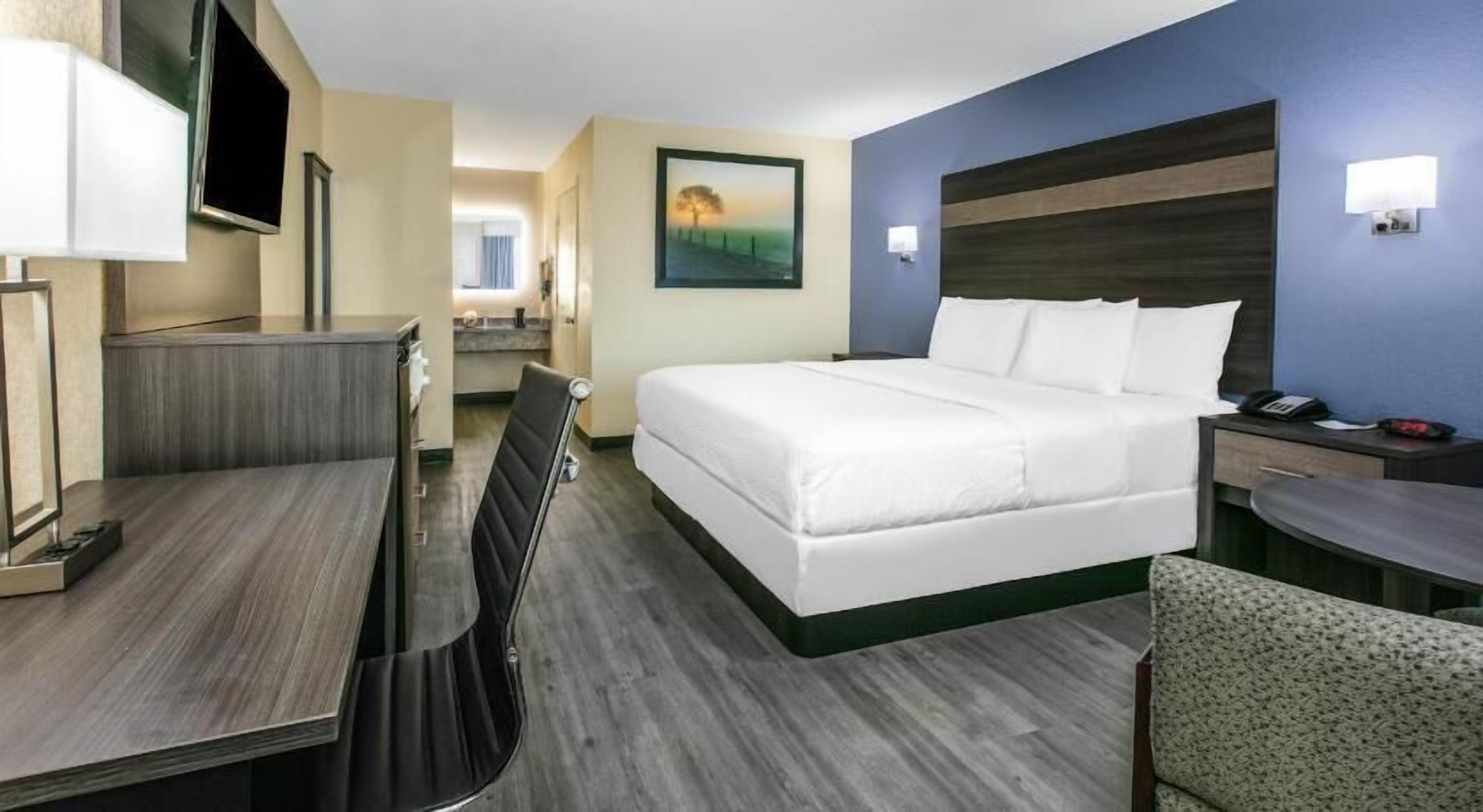 Unika möbler, skrivbord, mörkläggningsgardiner och strykjärn/strykbräda