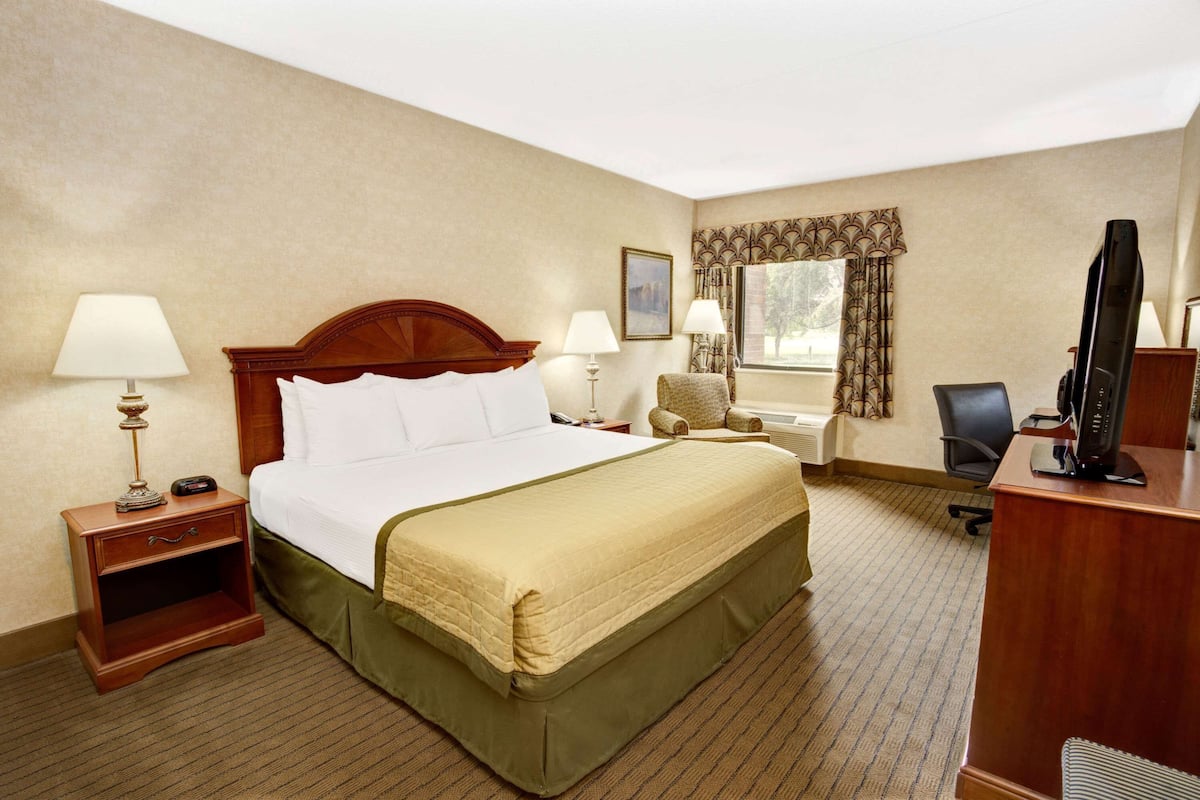 Une chambre d’hôtel avec un grand lit, un bureau, une chaise et un téléviseur.
