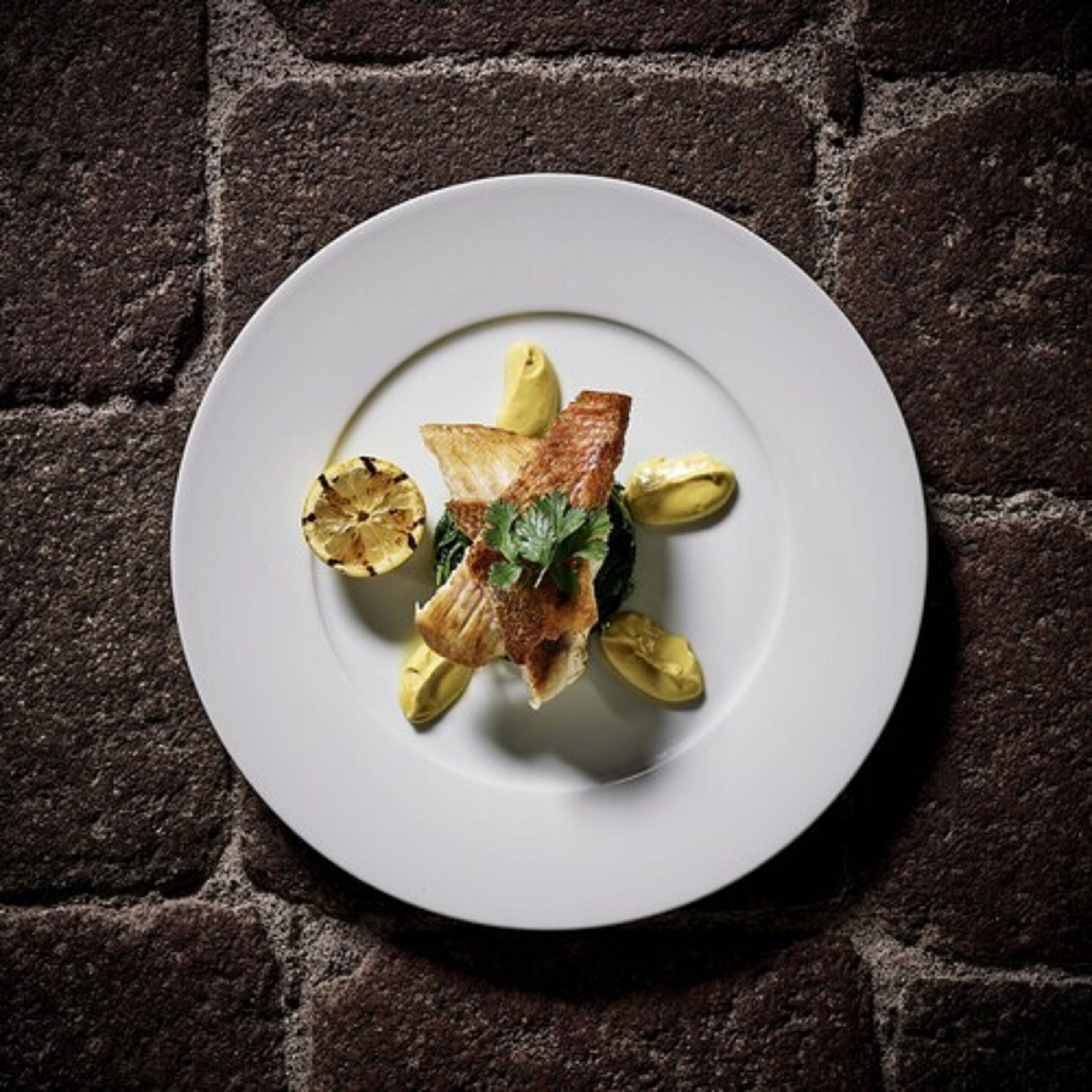 Un plato de comida sobre una superficie rugosa.